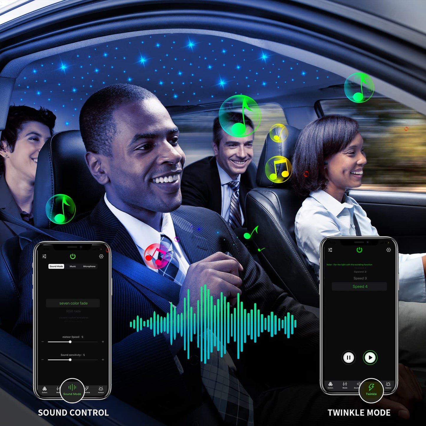AMKI Updated 16W Starlight Headliner Kits 650pcs 0.03in 9.8ft Twinkle + Music Mode Mixed APP Remote Sound Control Car Home RGBW Fiber Optic Light Star Ceiling Light Kit