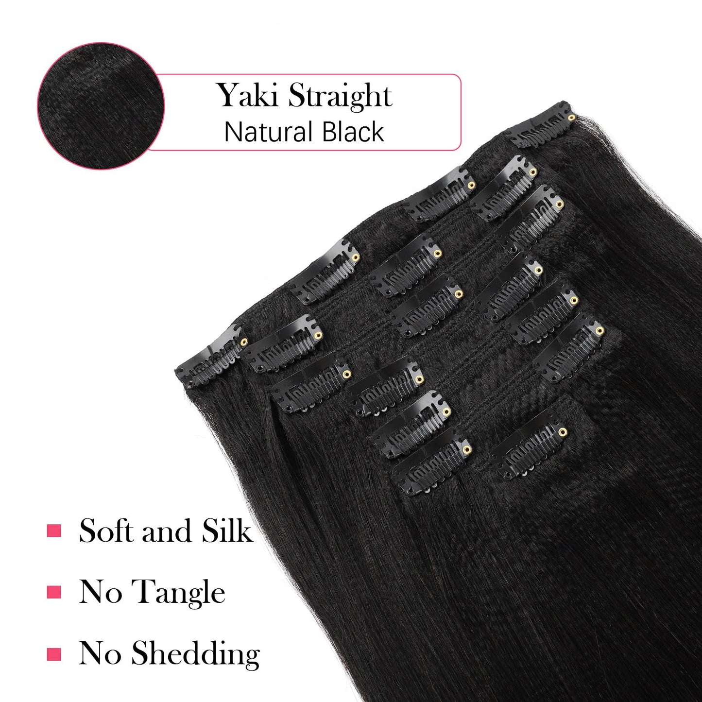 Sassina Real Remy Thick Yaki Straight Clip in Virgin Human Hair Extension Natural Black Double Wefts for African American Black Women 7 Pieces 120g with 17 Clips, YS 18 Inch