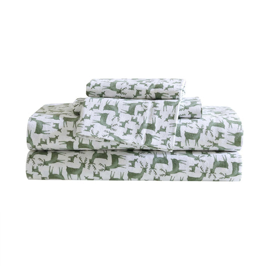 Eddie Bauer - Flannel Sheets Queen Size, Anti-Pilling & Wrinkle Resistant Cotton, Touchably Soft for All-Season Comfort - Bed Sheets with Matching Pillowcases & Fitted Sheet (Deer Camp Green)