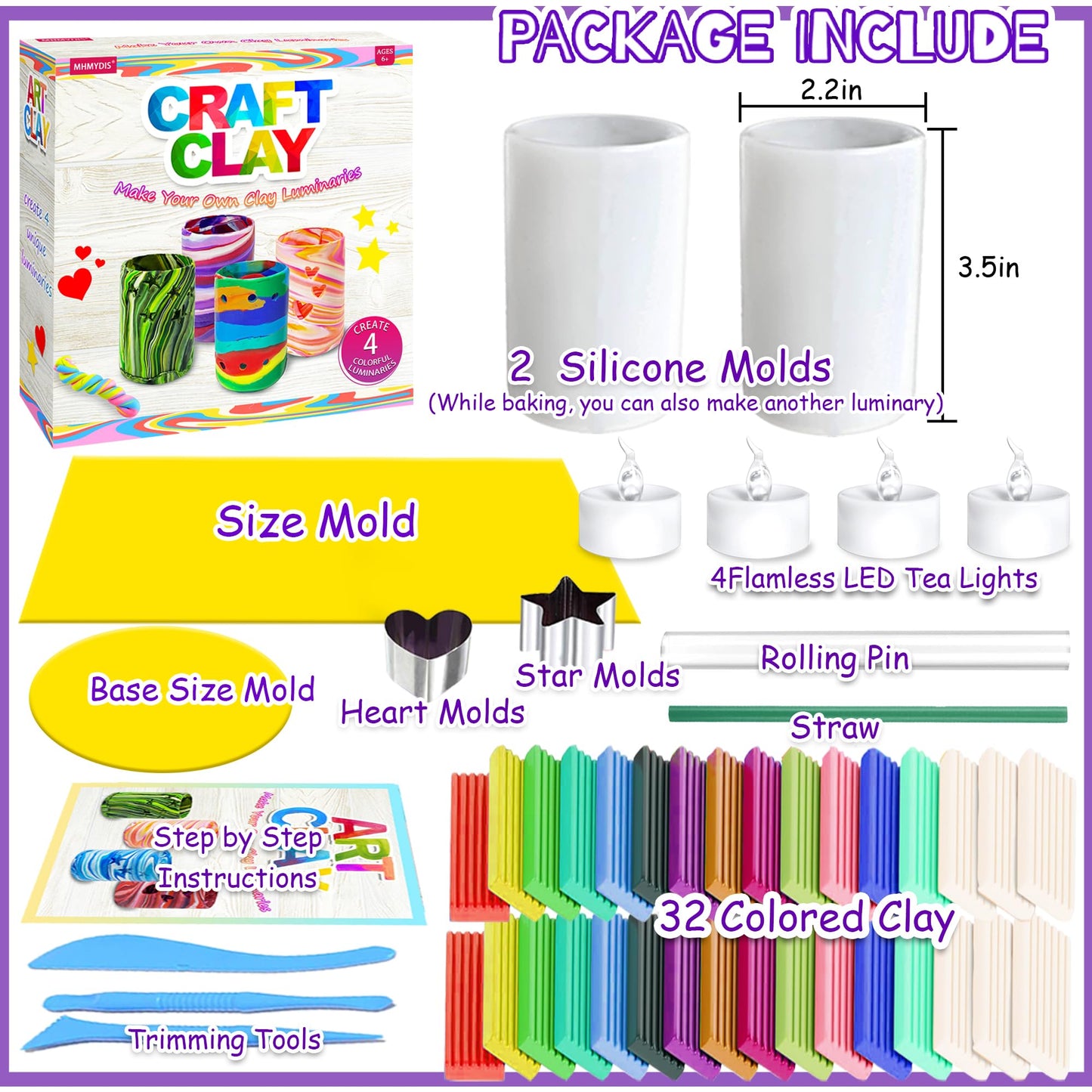 MHMYDIS Make Your Own Clay Luminaries - Arts and Crafts Clay kit for Boys Girls and Teens Age 6 7 8 9 10 11 12 Year Old and up