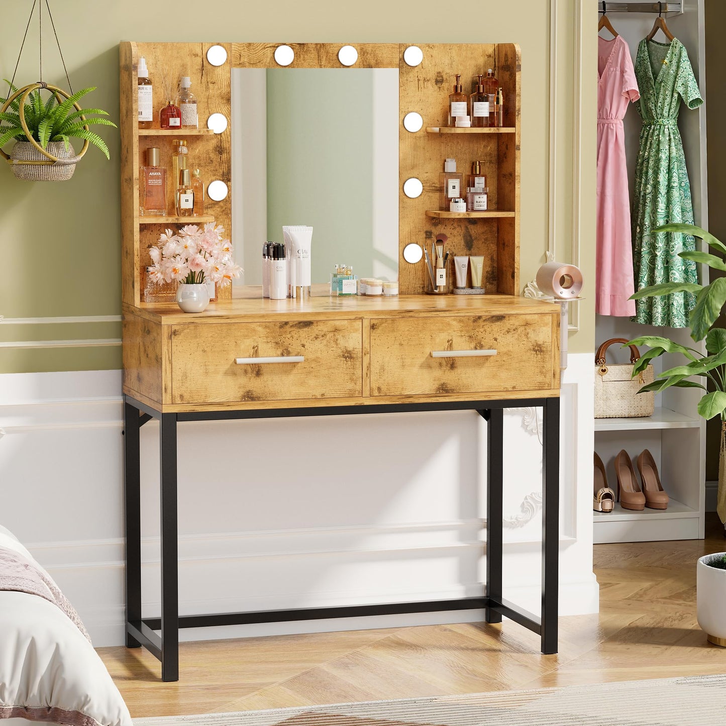 YESHOMY Vanity Desk with Mirror, Makeup Table with 2 Large Drawers, Power Outlet and Round Holder, 3 Color Modes Adjustable Bulb, Rustic Brown & Black