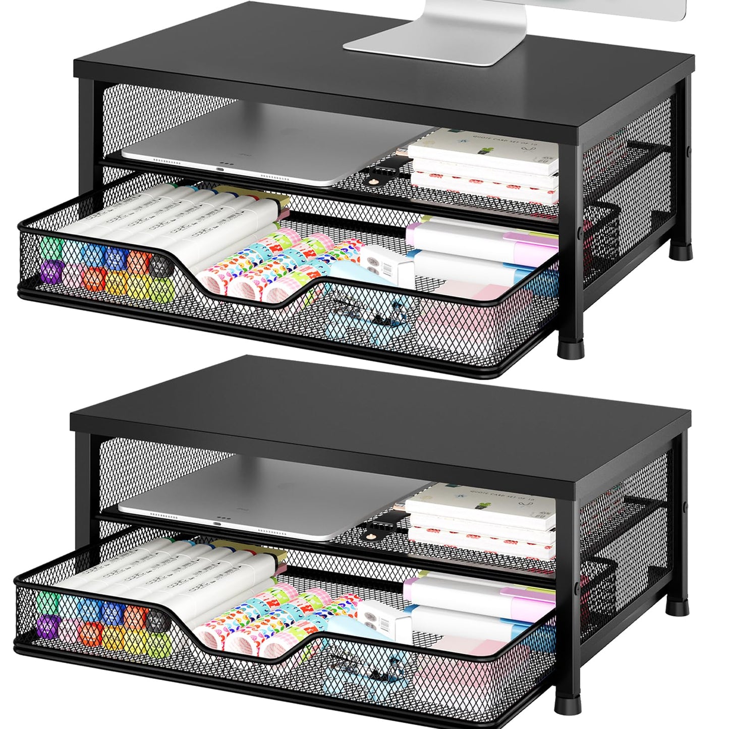 OPNICE Computer Monitor Stand Riser, Desk Organizer with Drawer, Printer & Laptop Stand, Office Desk Accessories & Workspace Desktop Organizers Storage for Office Supplies(Black 2-Pack)