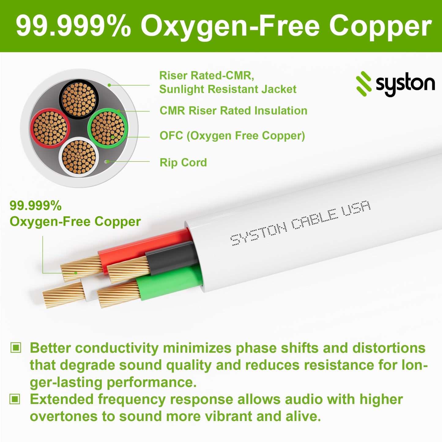 SYSTON 14/4 Speaker Audio Cable Wire Bulk, 14AWG 4C Strand OFC - Oxygen Free Copper Conductors, CMR Riser-Rated Indoor/Outdoor UV Resistant RoHS Compliant for Home Theater Car Speakers, White 100 FT