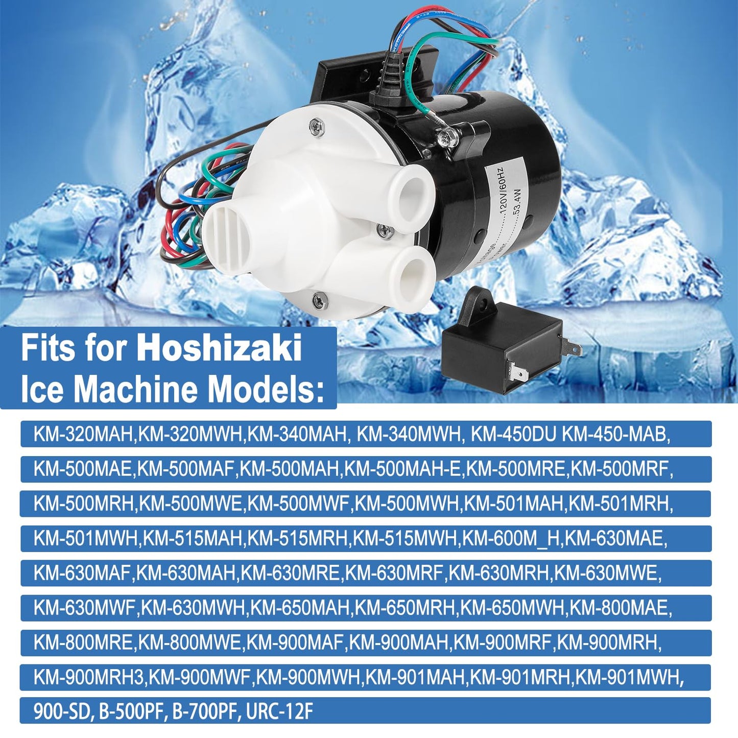 APTA92P10WD1 Water Pump Motor Assembly Replacement For Hoshizaki Water Pump Includes Capacitor, Fits Hoshizaki Ice Machine Models KM-450 THRU KM-900 KML-600MAH URC-12F 120V 10W 0.4 Amp