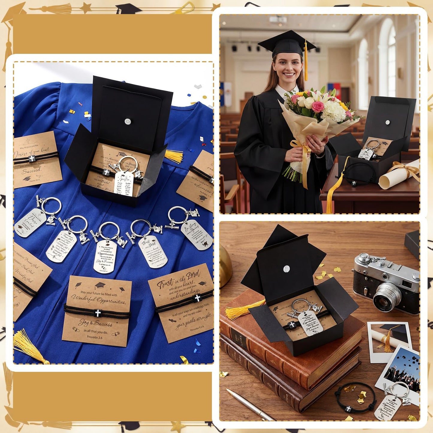 Yinkin 12 Set/48 Pcs 2026 Graduation Gifts Bulk Christian Graduation Bracelet Bible Verse Keychains Grad Gift Boxes with Tassel for Students High School Party Favors