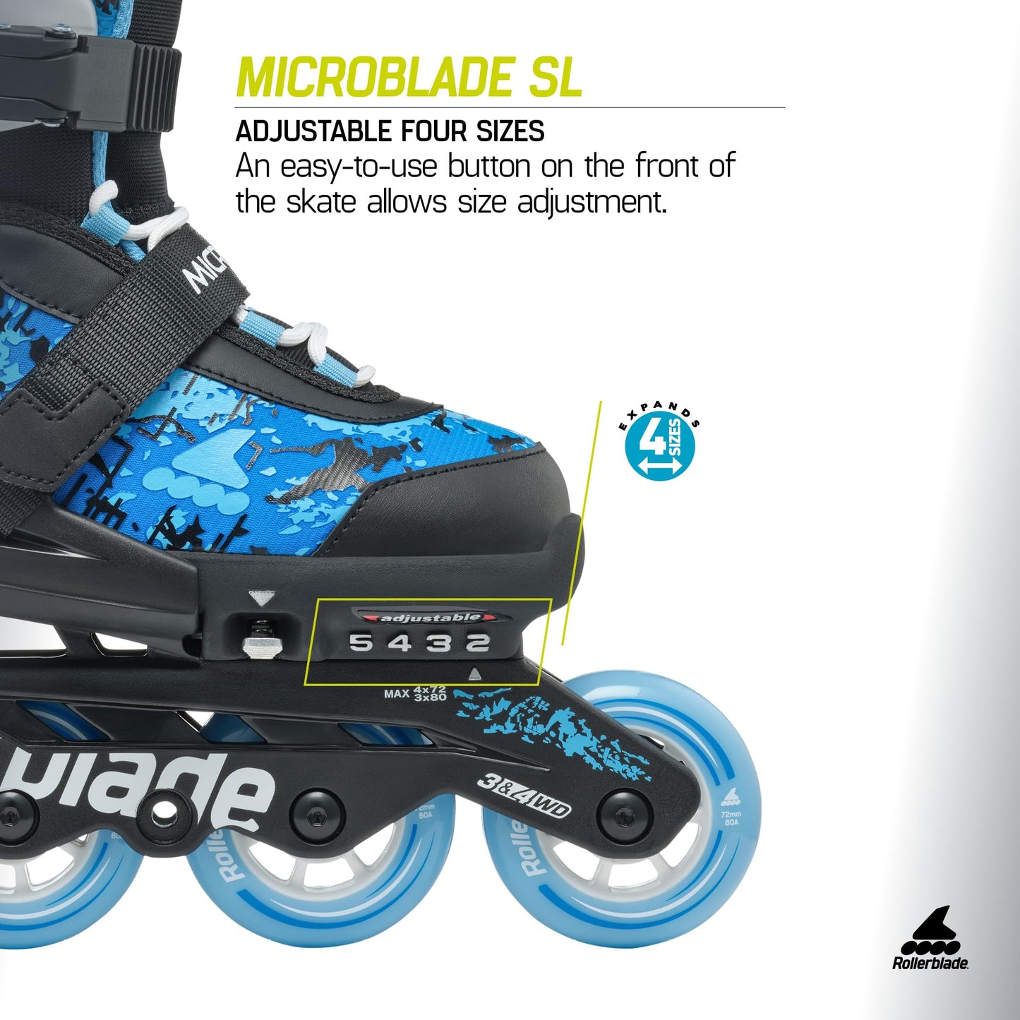 Rollerblade Microblade SL Kids Adjustable Fitness Inline Skate, Black/Sky Blue,Junior, Youth Performance Inline Skates