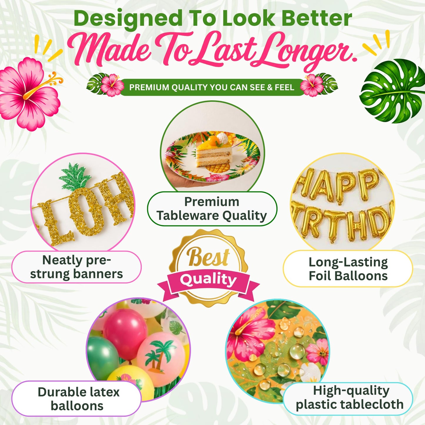RainMeadow Premium Luau Birthday Party Decorations Set for 25 guests - Hawaiian Theme with Aloha Banner, Balloons, Flamingo, Tableware - Tropical Luau Party Supplies