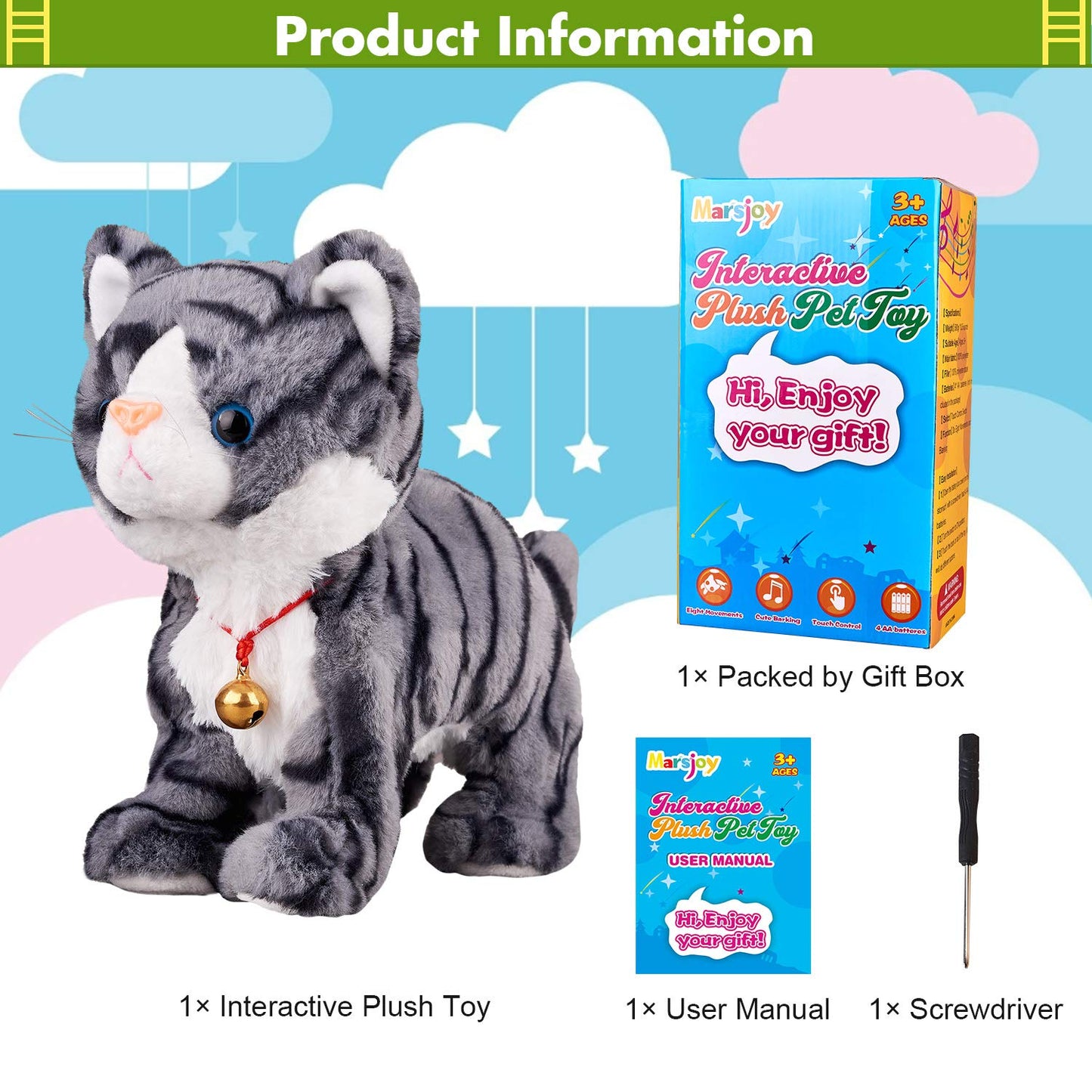Marsjoy Pattern Gray Robot Cat Plush Cat Stuffed Animal Interactive Cats, Meow Kitten Touch Control, Electronic Cat Pet, Animated Toy Cats for Girls Baby Kids