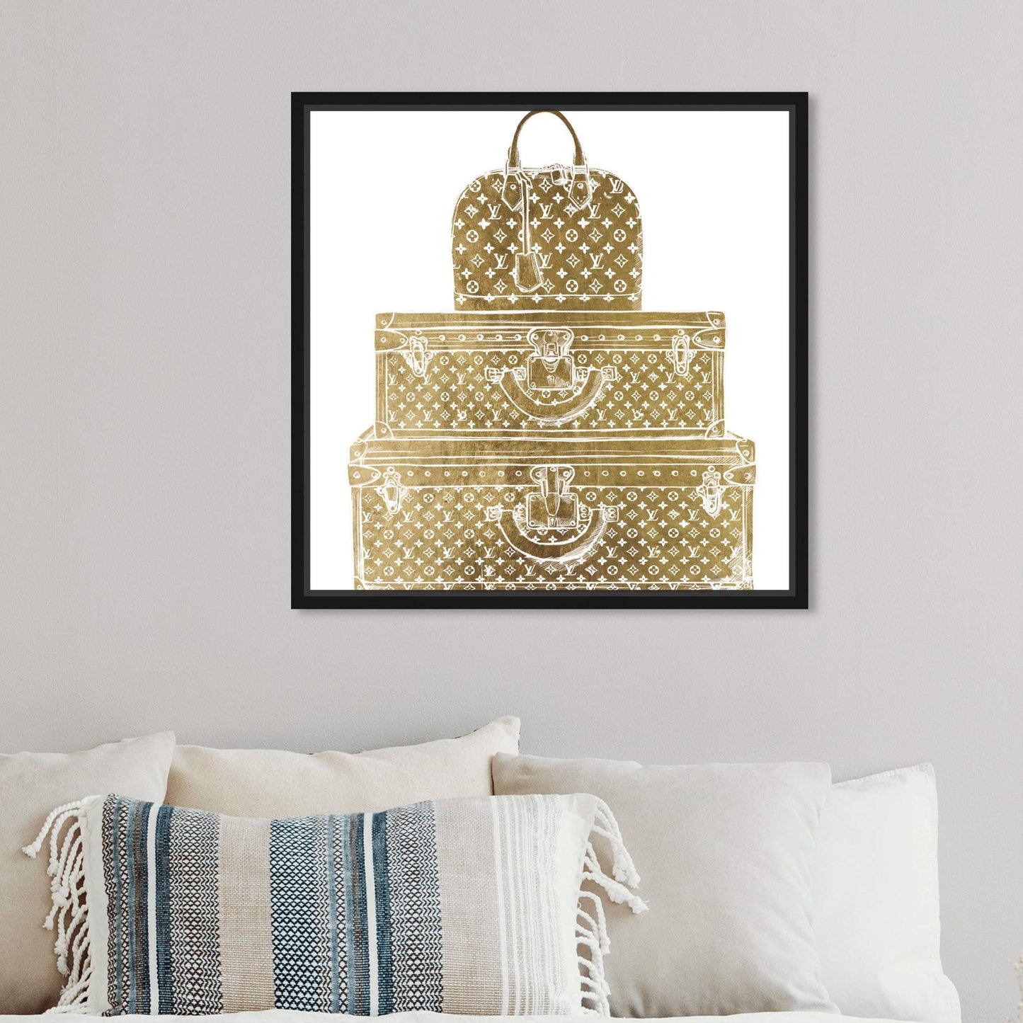 The Oliver Gal Artist Co. Fashion and Glam Framed Wall Art Canvas Prints 'Royal Bag and Luggage Diecut' Travel Essentials Home Décor, 12 in x 12 in, Gold, White