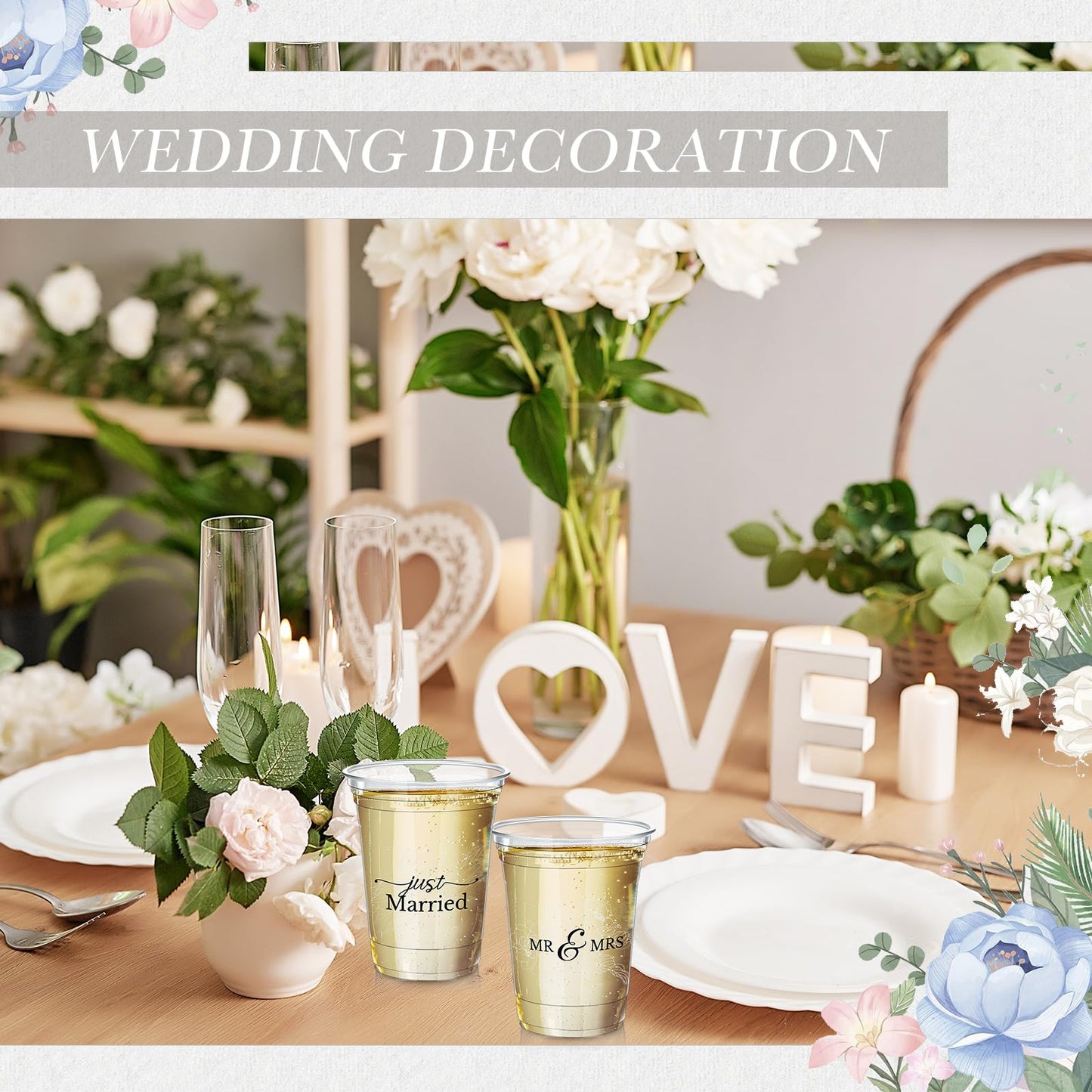 Jingmore 200 Pcs Wedding Plastic Cup 12 oz Wedding Disposable Cups for Reception Thick Clear Cup Happily Ever After Mr and Mrs Just Married Cups for Bridal Shower Decorations (White Floral)