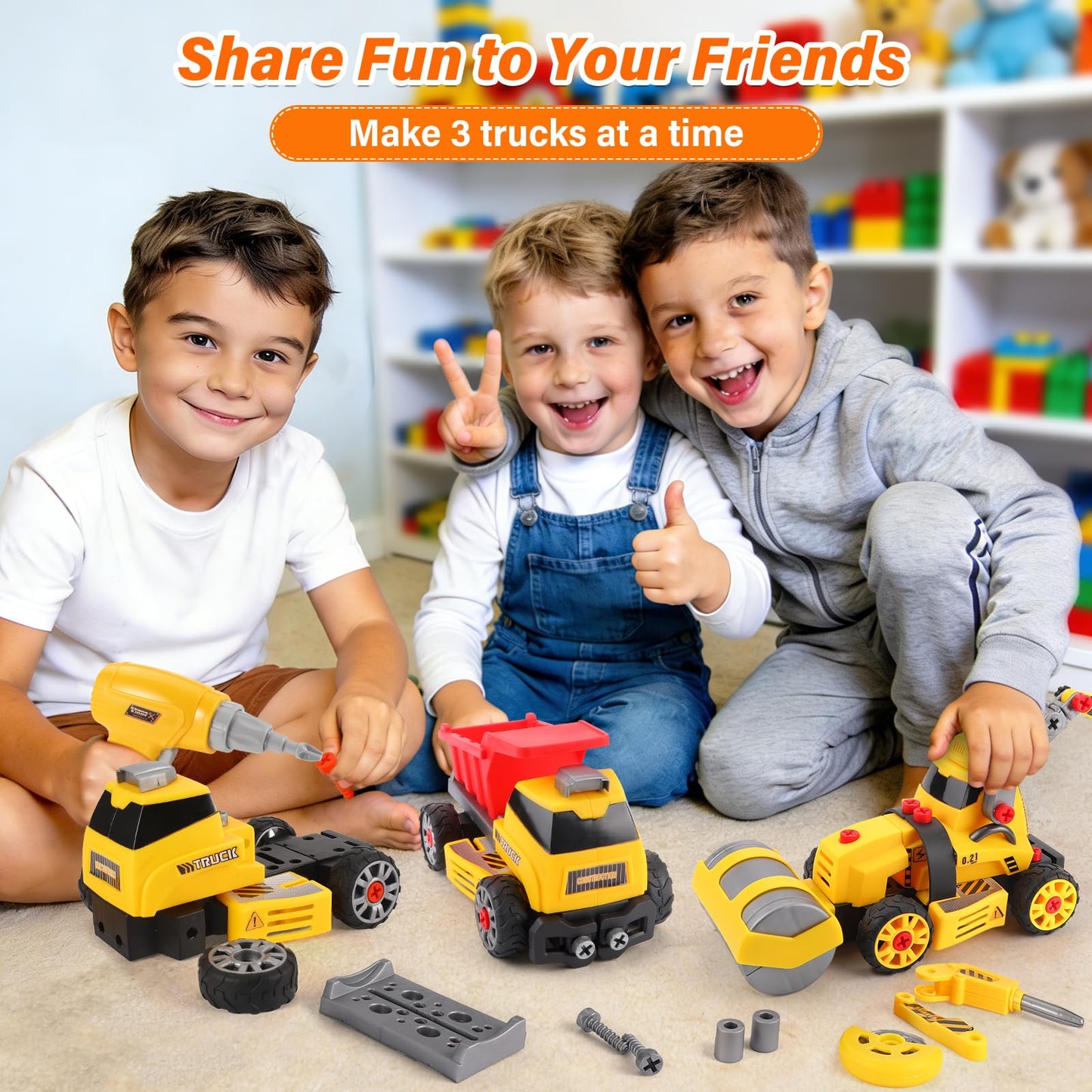 FLY2SKY Take Apart Toys with Electric Drill Truck Construction Set DIY Engineering Building Toy Push Go STEM Toy (9 in 3 Take Apart Toys)
