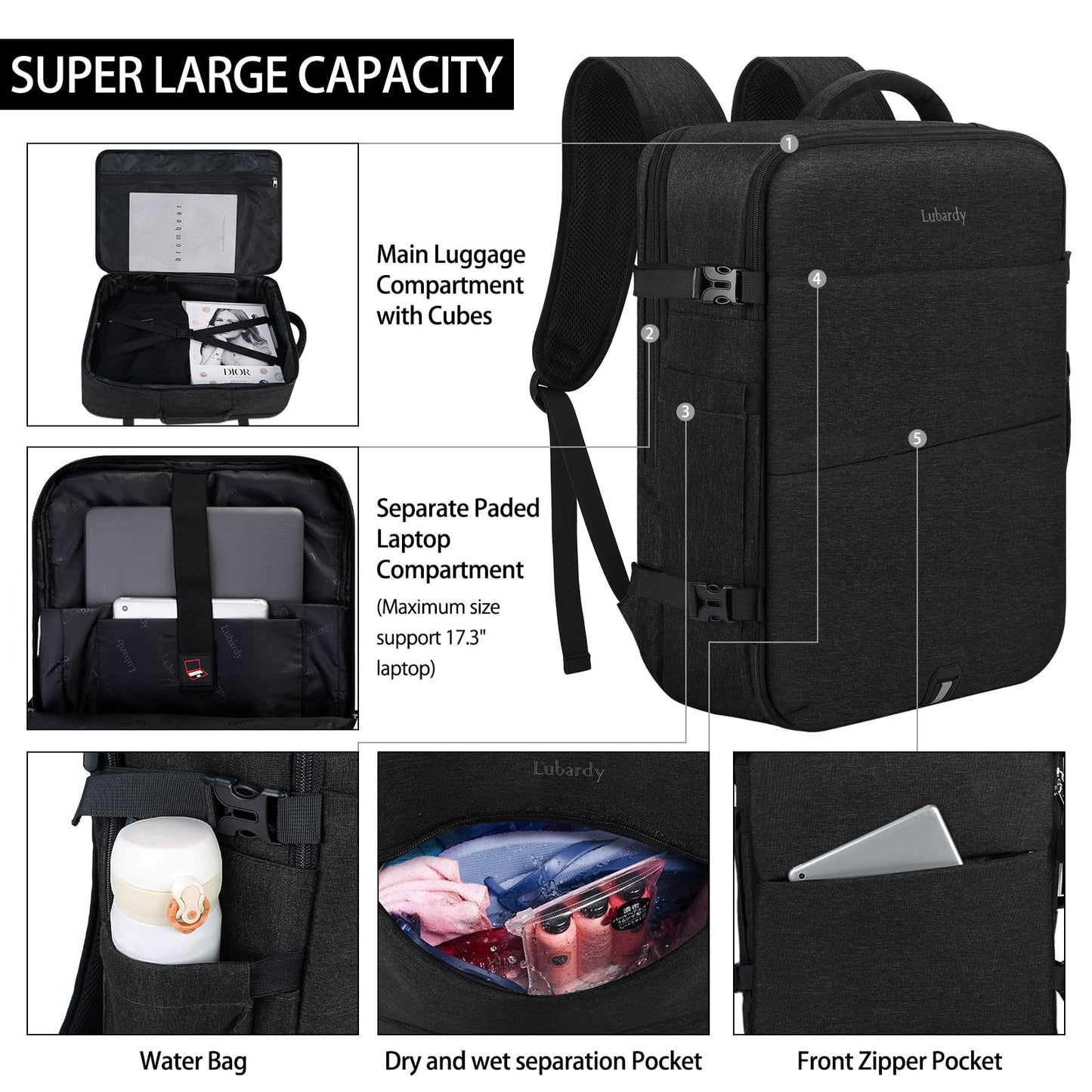 Travel Backpack for Men Women 17 Inch Flight Approved Carry on Backpack Waterproof Large 40L Luggage Daypack Business College Weekender Overnight Laptop Backpack with 3 Packing Cubes, Black