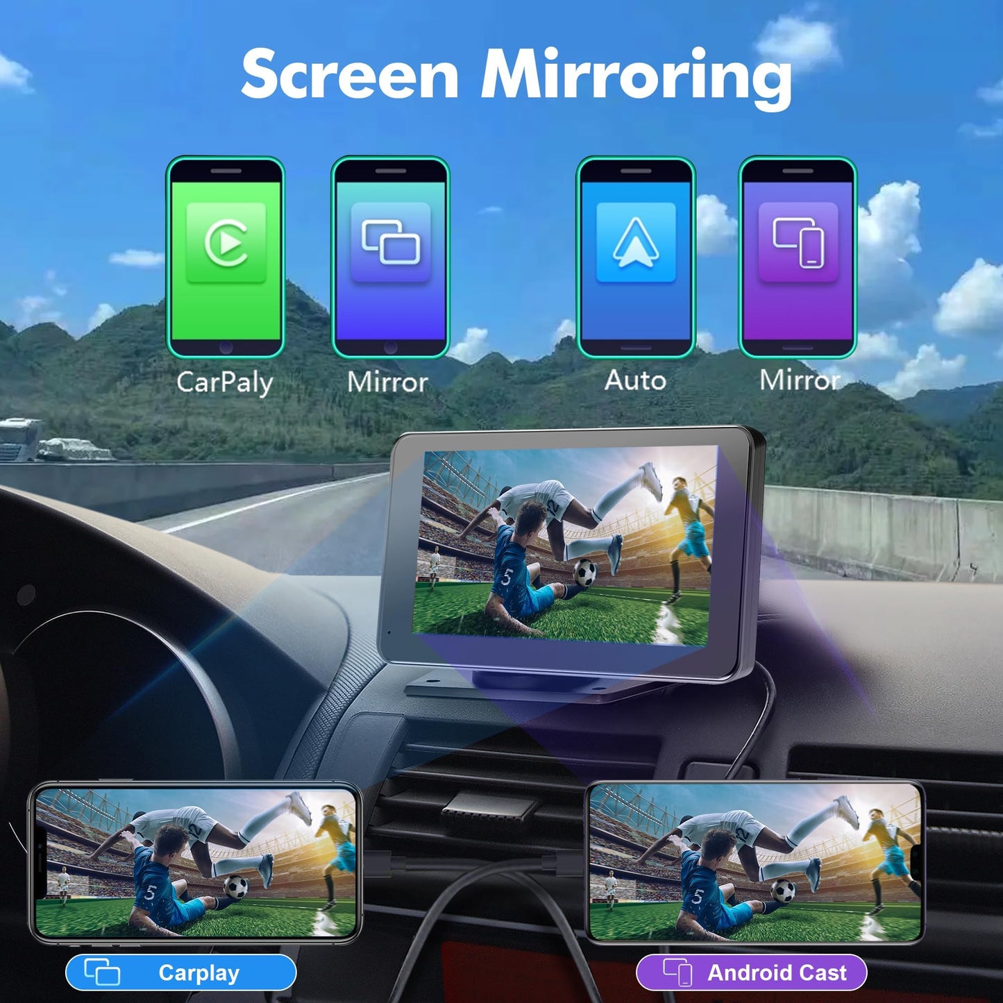【Hieha】 2024 Newest Wireless Portable Carplay and Android Auto, Carplay Screen for Car with Mirror Link/AUX/FM,7" Touchscreen Bluetooth 5.0, Potable Car Stereo with，car Accessories