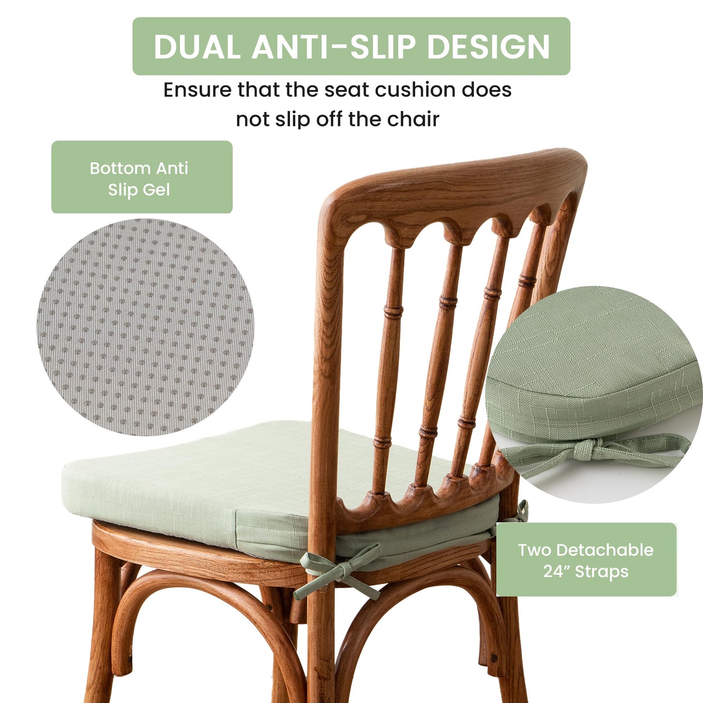 Battilo Chair Cushions for Dining Chairs with Ties, Indoor/Outdoor Kitchen Chair Pad with Non-Slip Backing, Dining Seat Cushion with Machine Washable Removable Cover, 16"x16"x2", Set of 4, Sage Green