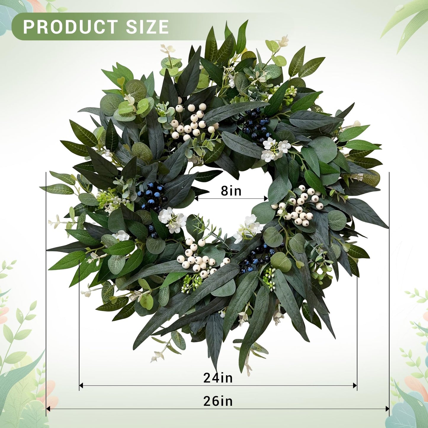 24'' Eucalyptus Wreaths for Front Door,Spring Summer Fall Winter Wreaths,Large Outdoor Greenery Wreaths for Porch,Wall,Holiday,Home Decor-Spring, Summer, Fall, Winter All Seasons