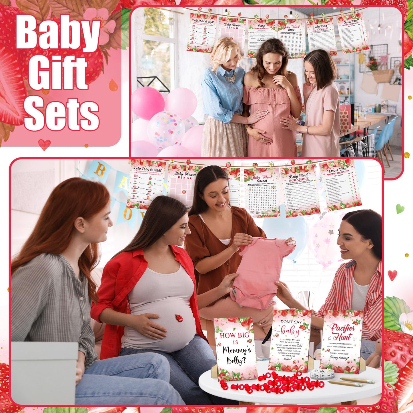 Sherr 476 Pcs Strawberry Baby Shower Games 6 Sets Activities Cards Pacifier Hunt Game 50 Pacifiers How Big is Mommy's Belly Sign 50 Guessing Cards 2 Measuring Tape Don't Say Baby Sign 50 Clothespin