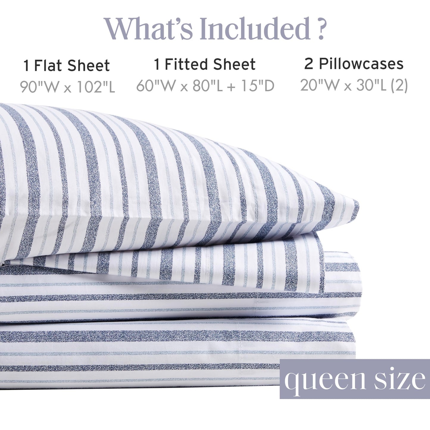 Madison Park 100% Cotton Sheets, Breathable & Soft Cotton Bed Sheets, Printed Design, Elastic Pocket Cotton Sheet Set Fits Up to 17" Mattress, All Season, Queen Blue Stripes 4 Piece