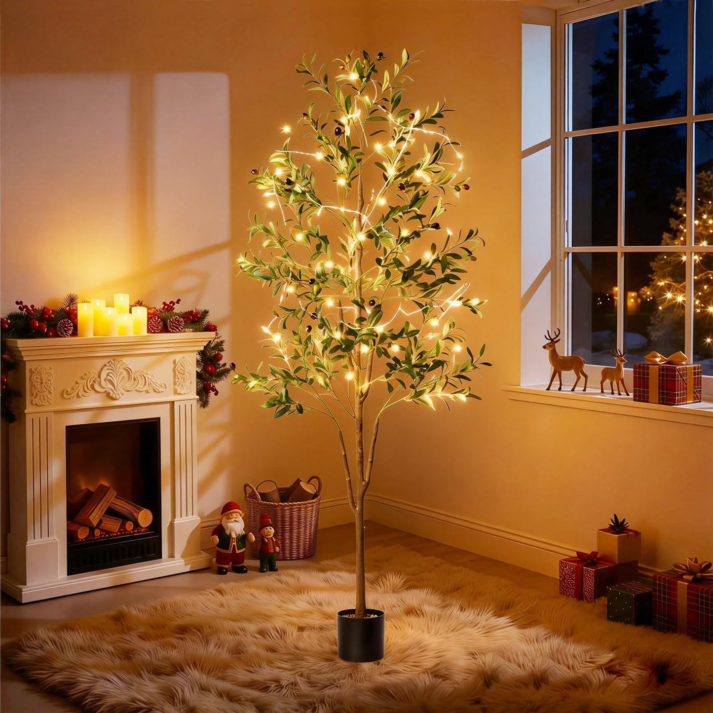 Olive Tree, 6FT Tall Faux Olive Tree with Lights Moss and Planter, Olive Trees Artificial Indoor with Realistic Wood Trunk and Lifelike Fruits, Fake Olive Tree for Home Office Living Room Decor