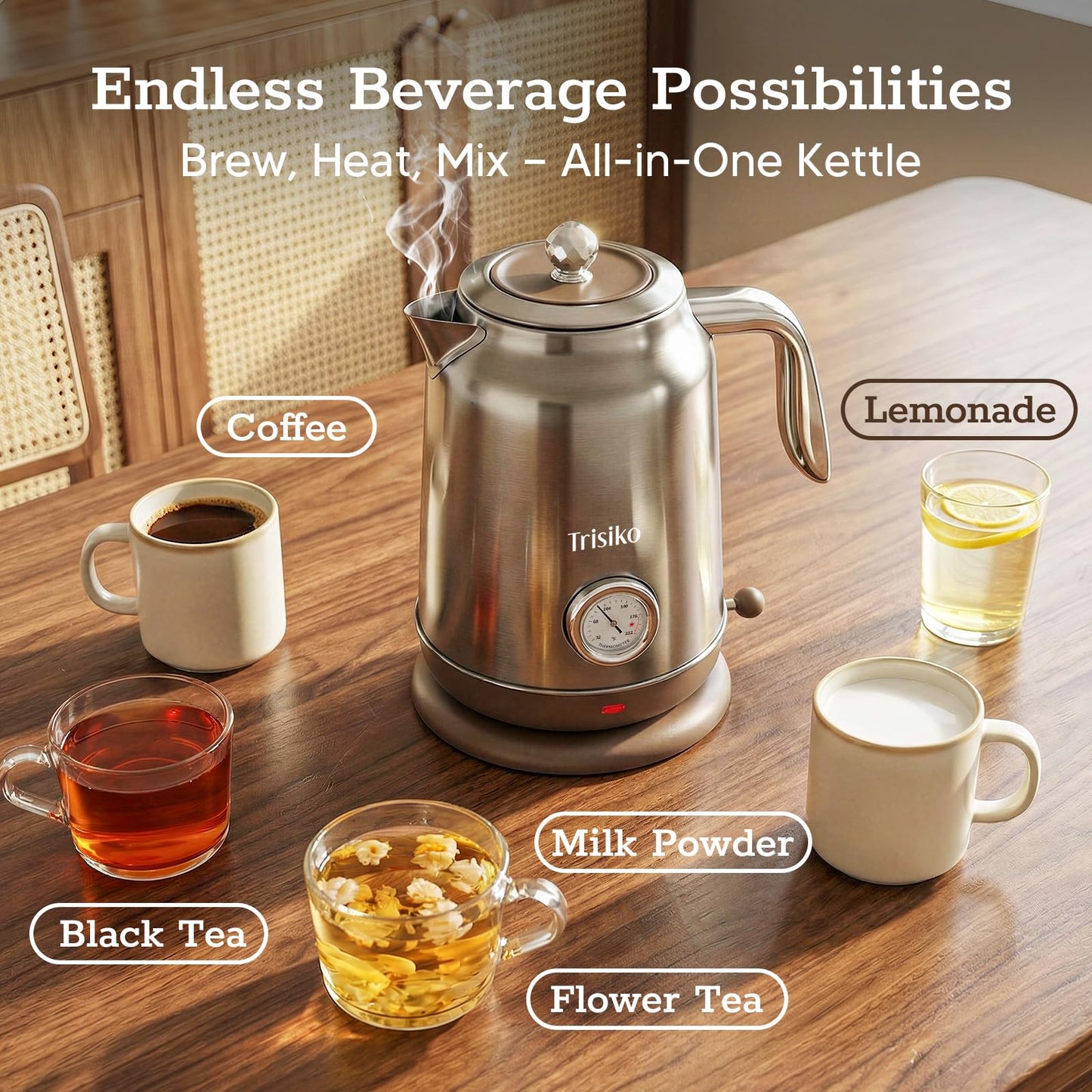 Trisiko 1.7L Large Electric Kettle with Thermometer,57.oz Electric Tea kettle with Automatically Shut Off,304 Stainless Steel,1200W Hot Water Kettle Electric for Coffee&Tea (Chrome)