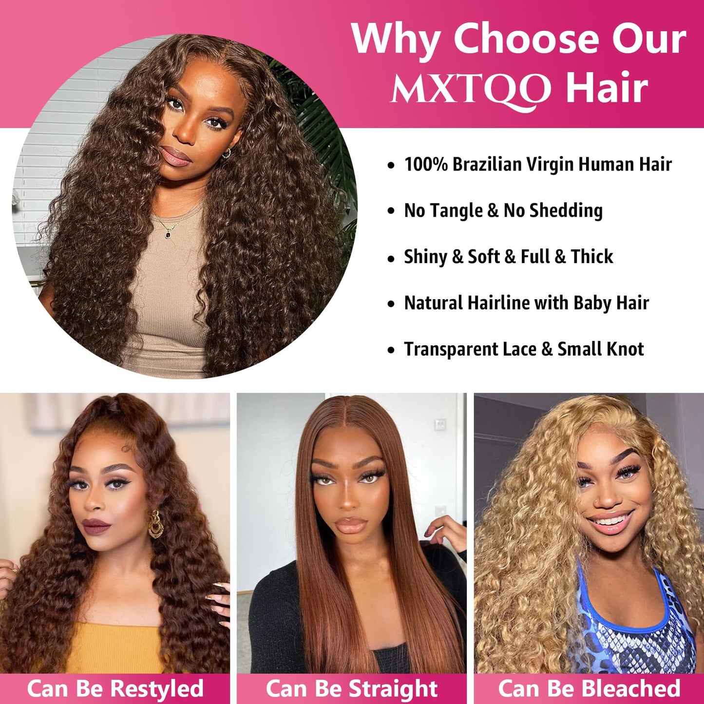 MXTQO 30 Inch Chocolate Brown Deep Wave Lace Front Wigs Human Hair 200 Density 13x6 HD Lace Frontal Wigs Curly Human Hair Brown Glueless Wig For Women Pre Plucked with Natural Hairline