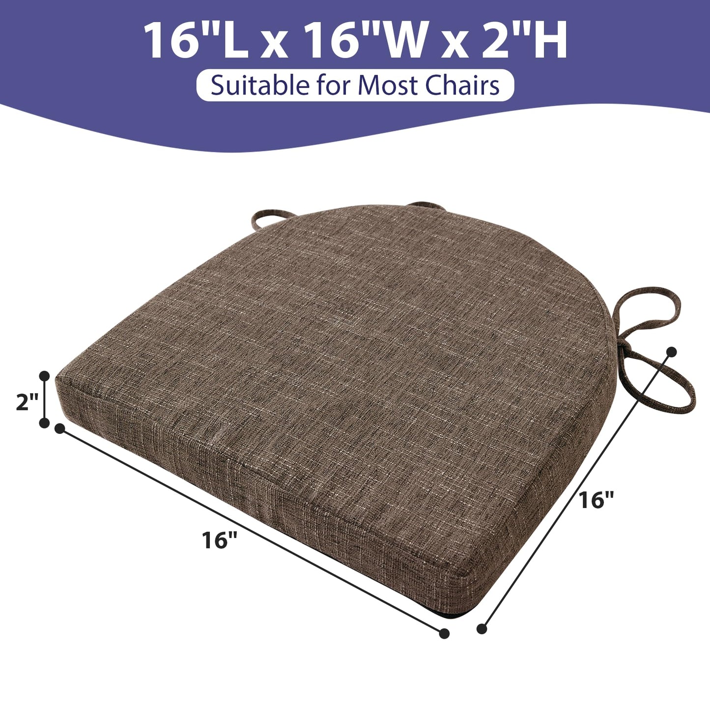 IPYNBAP Chair Cushions for Dining Chairs with Ties and Removable Cover, Dining Kitchen Chair Pads with Non-Slip Bottom, High-Resilience Indoor Seat Cushions, 16'' x 16'' x 2'', Set of 6, Brown