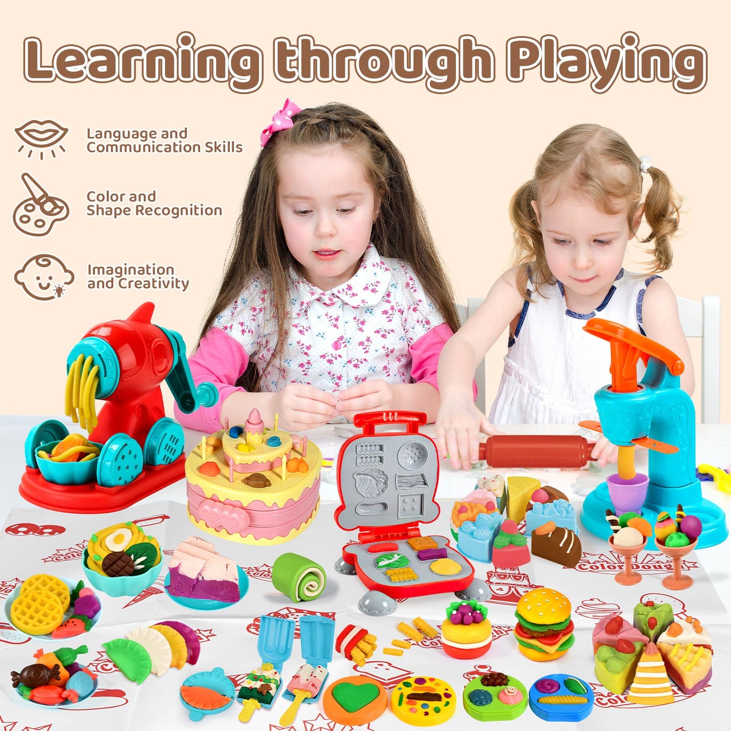 Aprilwolf - 70 Pieces 4 in 1 Set for Kids Ages 3-4-8, Dough Tool Kit for Crafts, Ice Create, Noodles, Burgers, Cake, Kitchen Creations, Kids Toys
