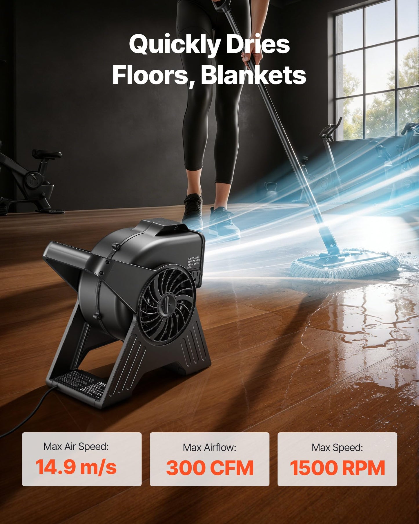 VEVOR Blower Fan, 13 in Portable Utility Floor Fan, 300 CFM, 3 Speeds, Multi-Angle Airflow, Lightweight Portable High Velocity Air Mover, for Drying, Dehumidifying, Carpets, Air Circulation, Cooling