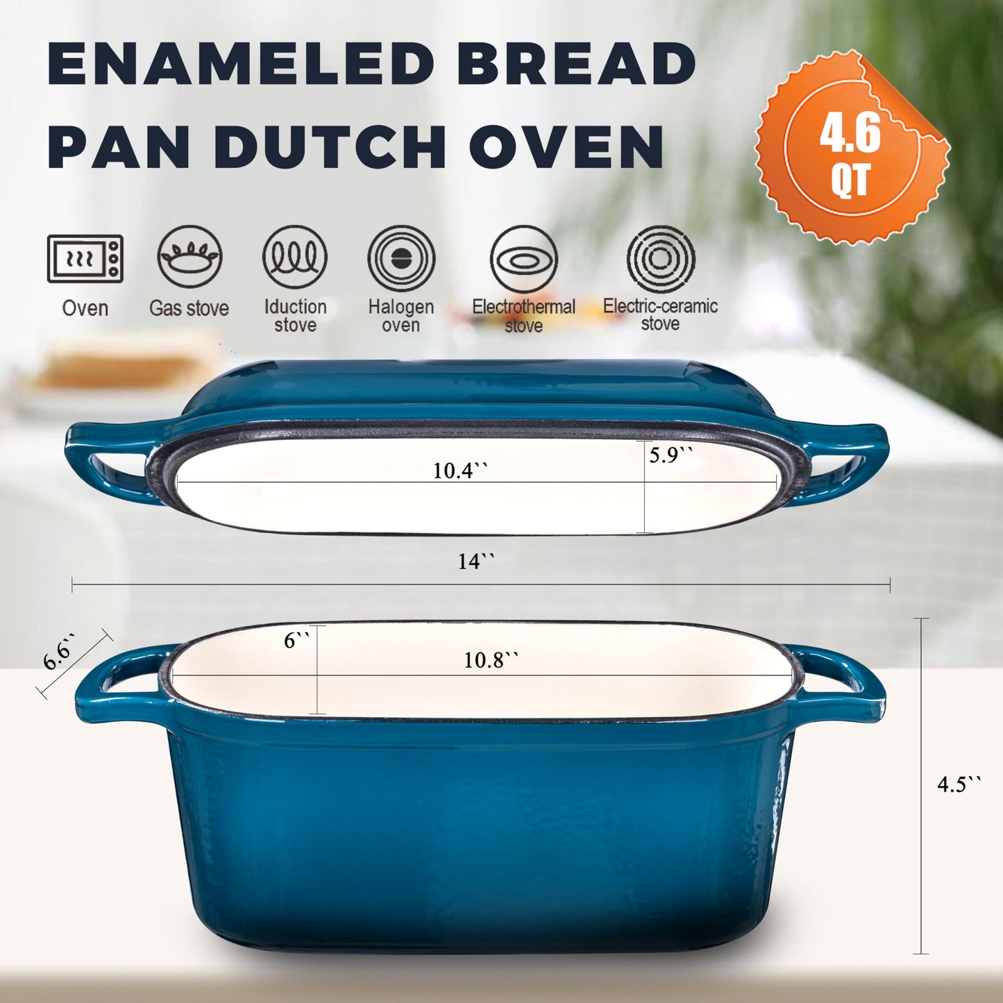 GdnWings 4.6 Quart Dutch Oven for Sourdough Bread Baking, Combo Oval Enameled Cast Iron Bread Pan with Lid, Bread Dutch Oven for a Crispy Crust, Teal