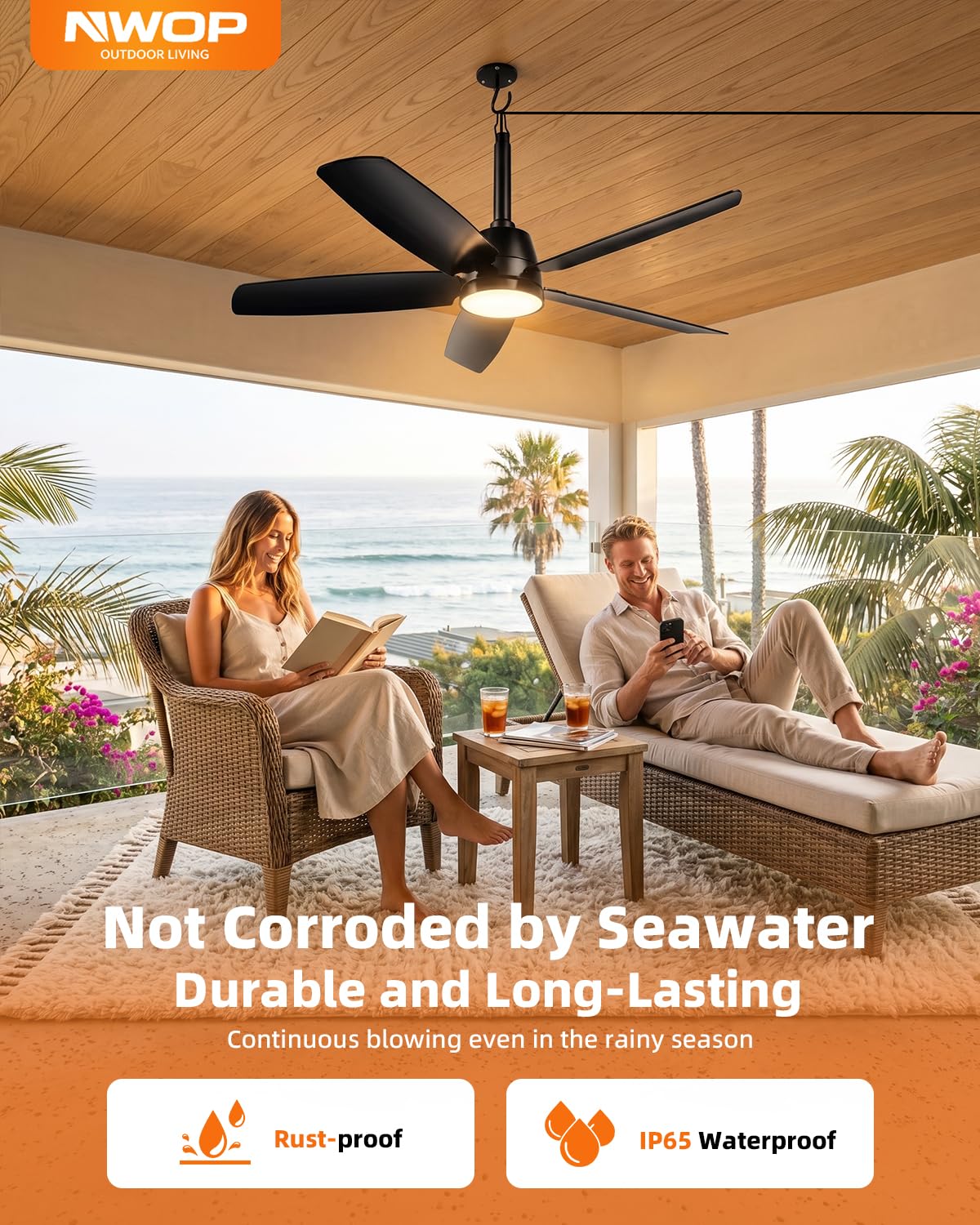 NWOP 36 Inch Plug-In Outdoor Ceiling Fan with Light and Remote, Waterproof Patio Ceiling Fan, 5 Blades Small Ceiling Fan for Porch Gazebo Pergola, Quiet Modern Ceiling Fan, Black
