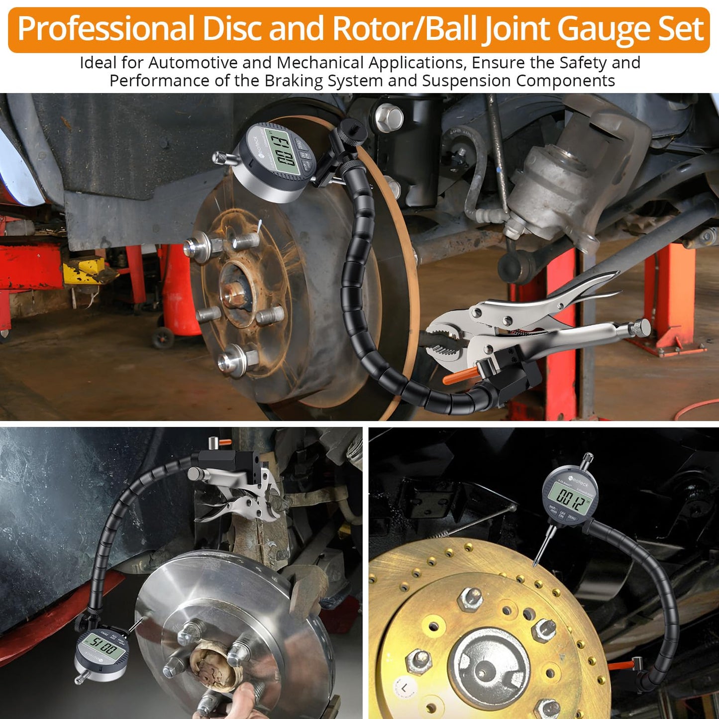 Neoteck Disc Brake Rotor Gauge Dial Indicator 1"/0.0005" Digital Runout Gauge Set Ball Joint Runout Set with 360° Flexible Arm Tight Grip Locking Vise for Automotive, Mechanical, Industrial Processes