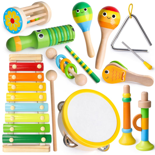 Coogam Wooden Musical Instruments for Toddlers, Tambourine Xylophone Castanet Flute Maracas Playset, Wood Percussion Rhythm Music Toy, Montessori Educational Learning Gift