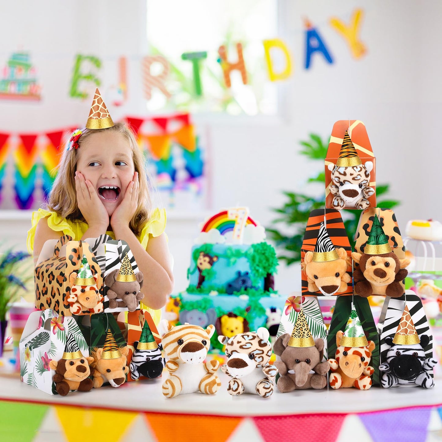 VioraWhite 18 Sets Adopt a Jungle Animal Supplies Include 18 Mini Jungle Stuffed Animal 18 Mini Party Hats 18 Adoption Certificate 18 Kraft Boxes for Safari Themed Birthday Party Gifts