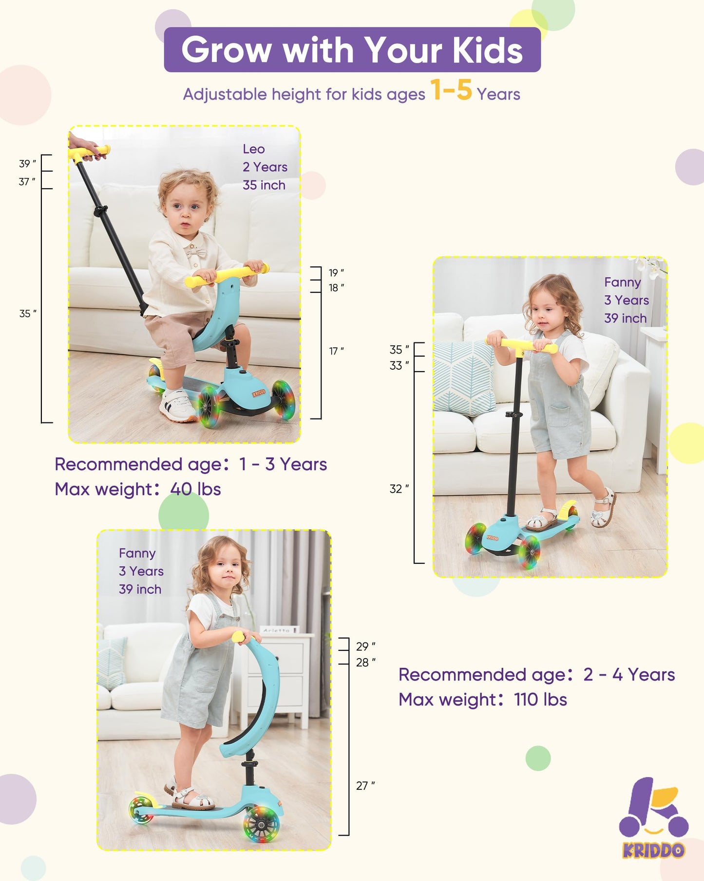 KRIDDO 5-in-1 Kids Kick Scooter, Lean-to-Steer, Toddler Toy Scooter with Adjustable Height, 3 Lighted Wheels, Ideal for Indoor & Outdoor, Gift for Kids Ages 1-5 Years, Blue