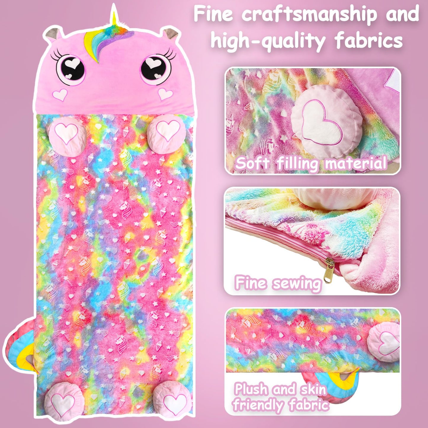 Kids Sleeping Bag, Large Unicorn Slumber Bag for Girls Boys, Portable Nap Mat, Preschool Daycare Kindergarten Birthday Gift 3-12 Yr Child, Pink