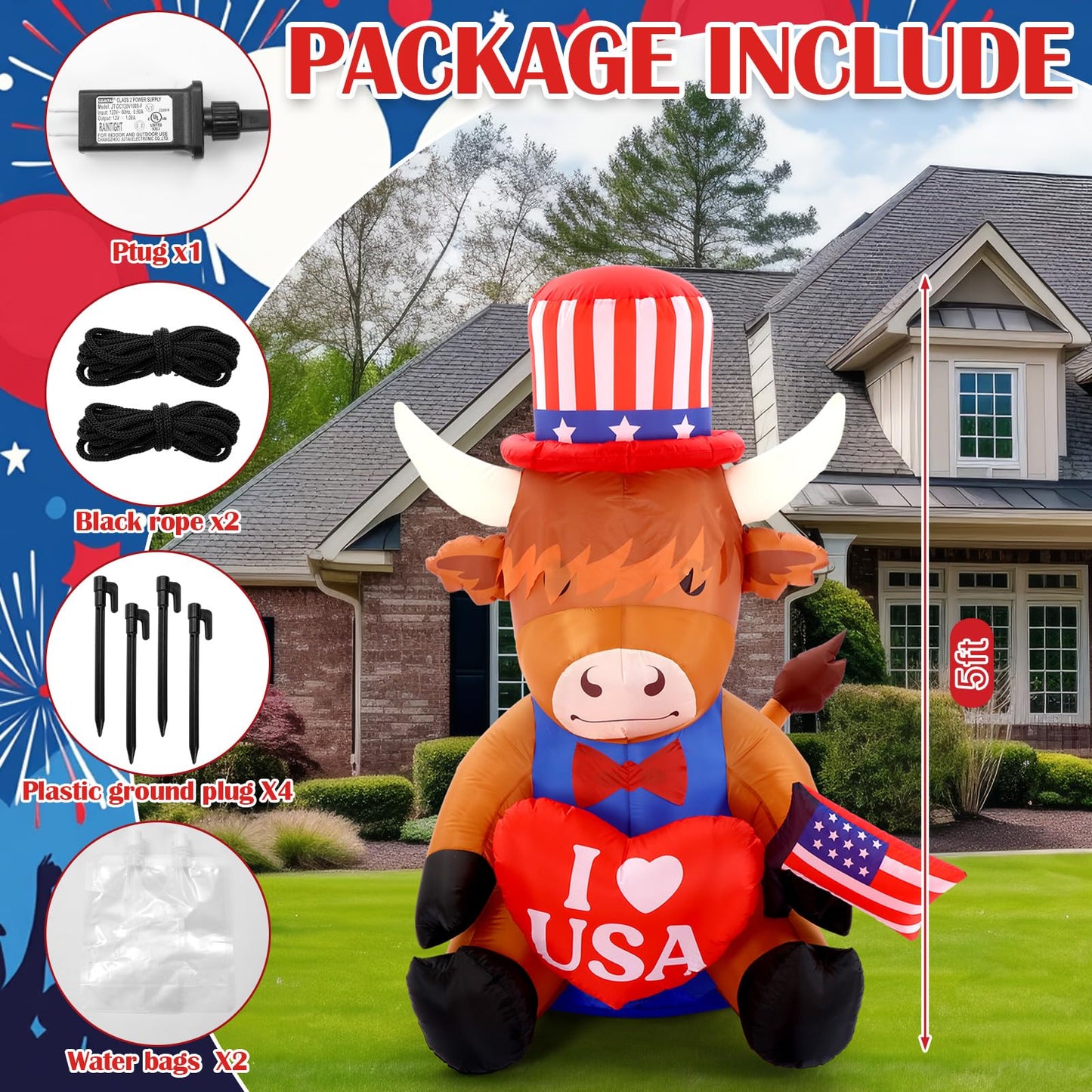 Sosation 5ft USA Patriotic Inflatable Highland Cow 250th Anniversary with LED Lights Memorial Day Red White Blue Blow up Lighted Yard Decor for 4th of July Holiday Indoor Outdoor Lawn Garden Party