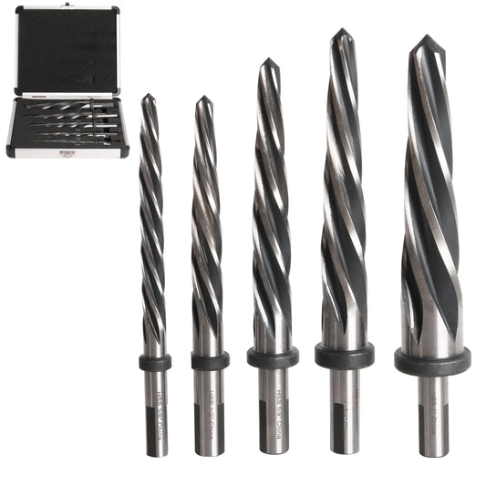 5PCS M2 HSS Taper Chucking Reamer Set 3/8",1/2",5/8",3/4",1 Fit 1/2" Round Shank Construction Reamer Drill Bit Bridge Also for Wood Alloy Steel Metal Align The existing Hole and Expand The Reamer