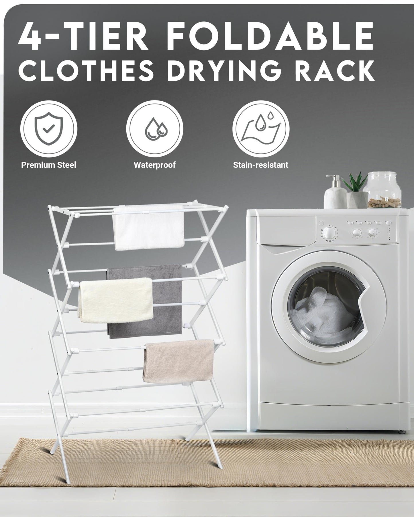 ZOES HOMEWARE 4-Tier Clothes Drying Rack, 4ft High Foldable Drying Rack Clothing for Indoor & Outdoor, Portable Collapsible Laundry Dryer for Laundry Room and Apartment, White 29" L x 49" H x 11.5" W