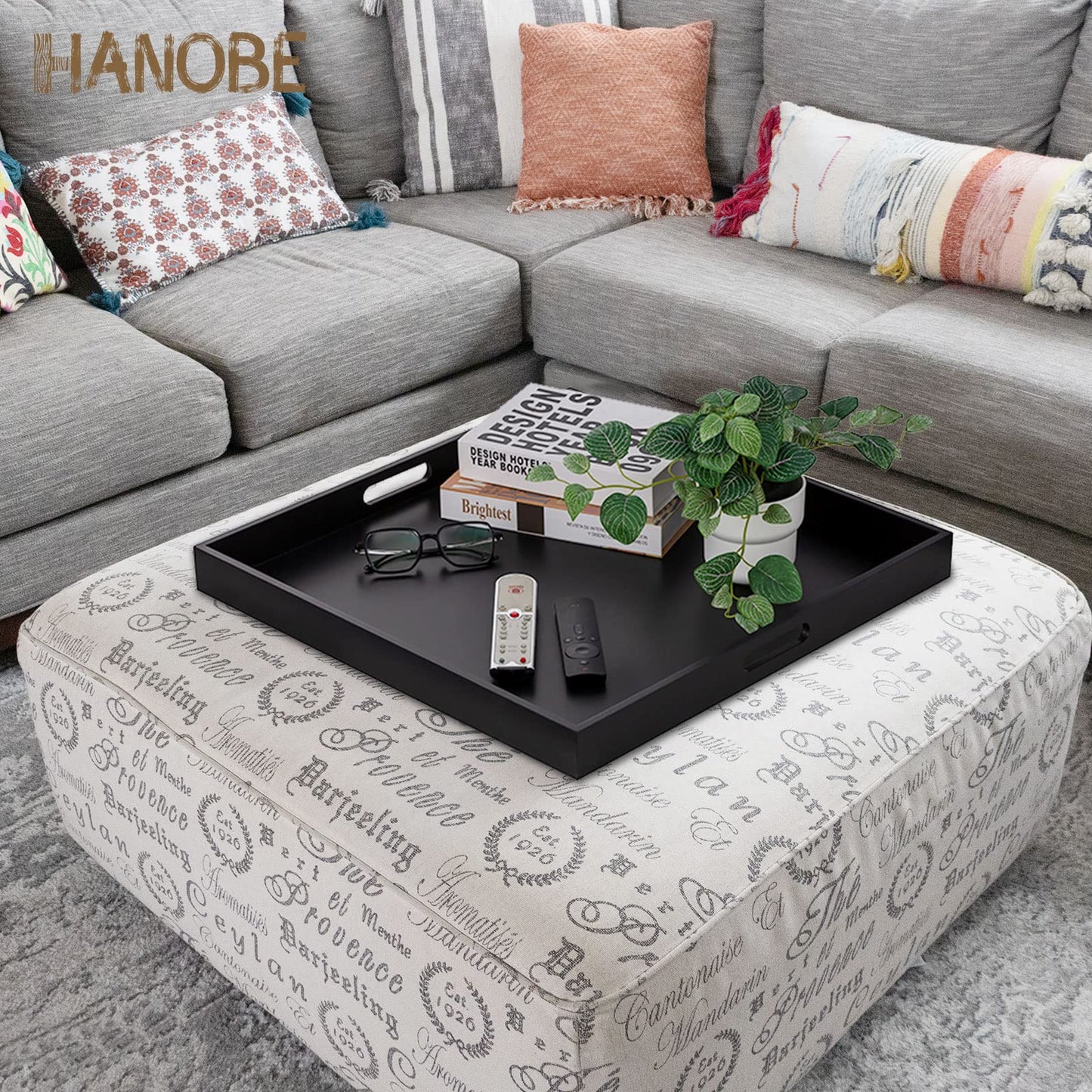 Hanobe Ottoman Tray for Living Room: Modern Extra Large Black Serving Decorative Trays with Cutout Handles for Coffee Table Home Decor, 20"