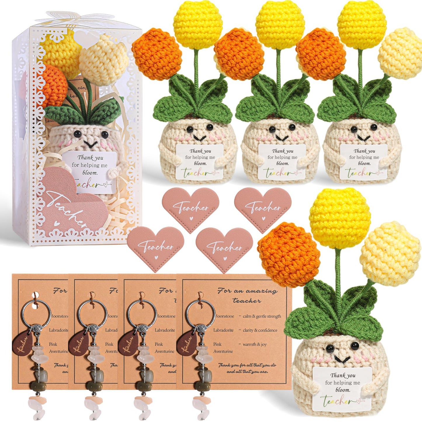pengtai Teacher Appreciation Gifts for Women Set of 4,Teacher Appreciation Gifts in bulk,End of Year Teacher Gifts with Positive Dolls Crystal Keychains Heart Bookmarks