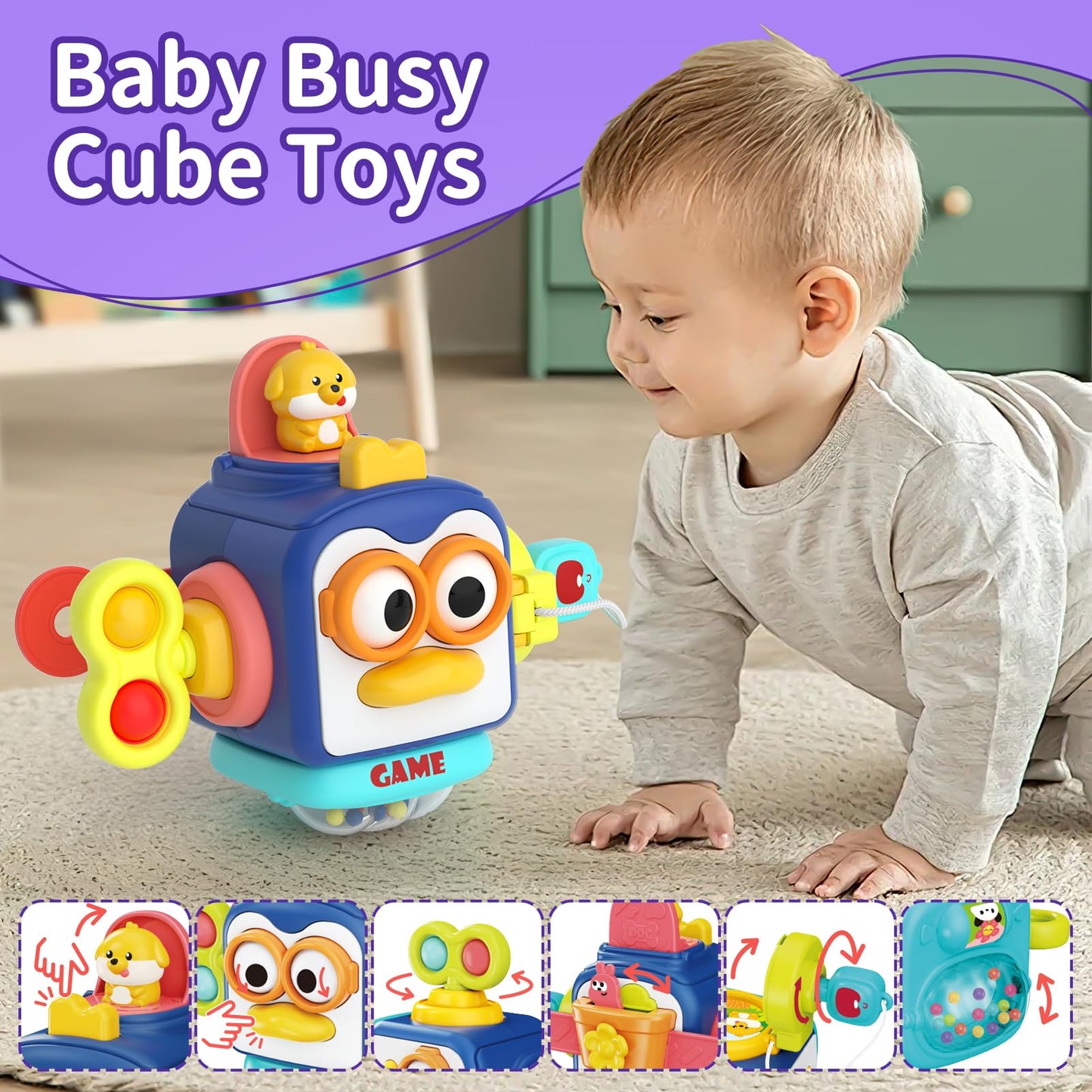 usrela 4 in 1 Baby Toys for 6 12 18 Month, Learning Toys for Babies 6-12 Months, Busy Cube, Stacking Sorter, Piano Xylophone Pull String Travel Toy, Birthday Gifts for Toddlers 1 2 Years Old