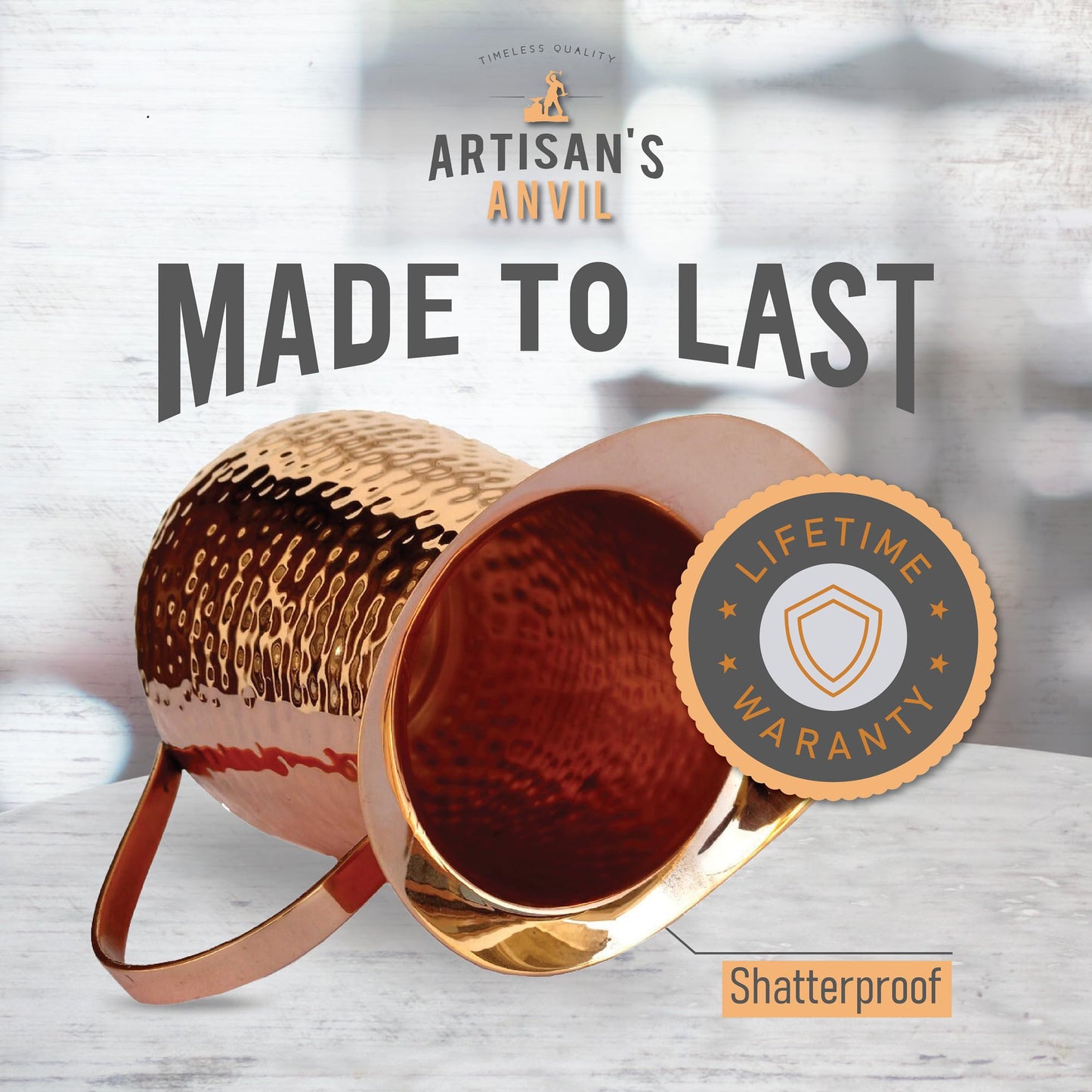 Artisan's Anvil Hammered Copper Pitcher w/Handle, 100% Copper, Heavy Duty, Handmade, 70 fl. Oz., Best for Water, Ayurveda, Moscow Mules, Cocktails