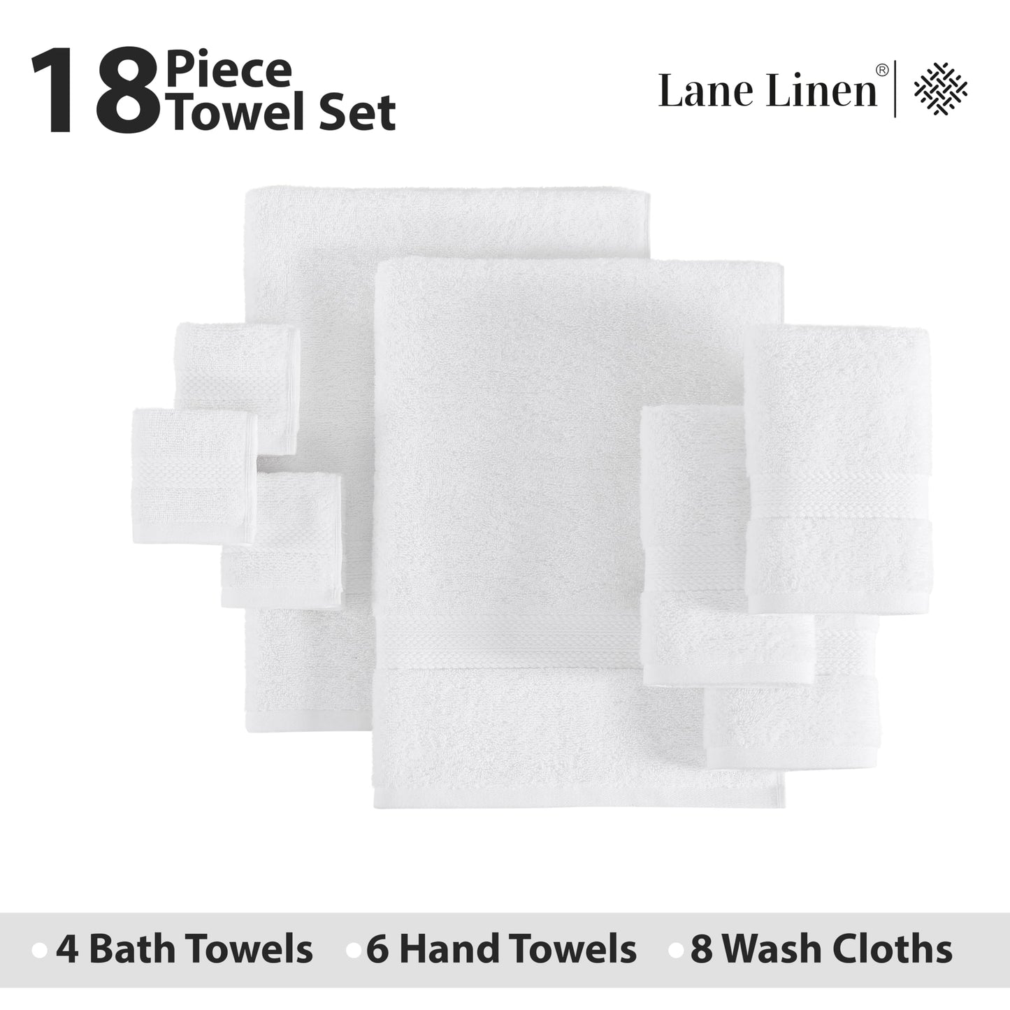 LANE LINEN 100% Cotton Towels for Bathroom - 18 Piece Family Pack - Super Soft & Quick Dry - 4 Bath, 8 Washcloth, 6 Hand Towels - Oeko TEX Certified, Machine Washable & Durable - Cool Grey