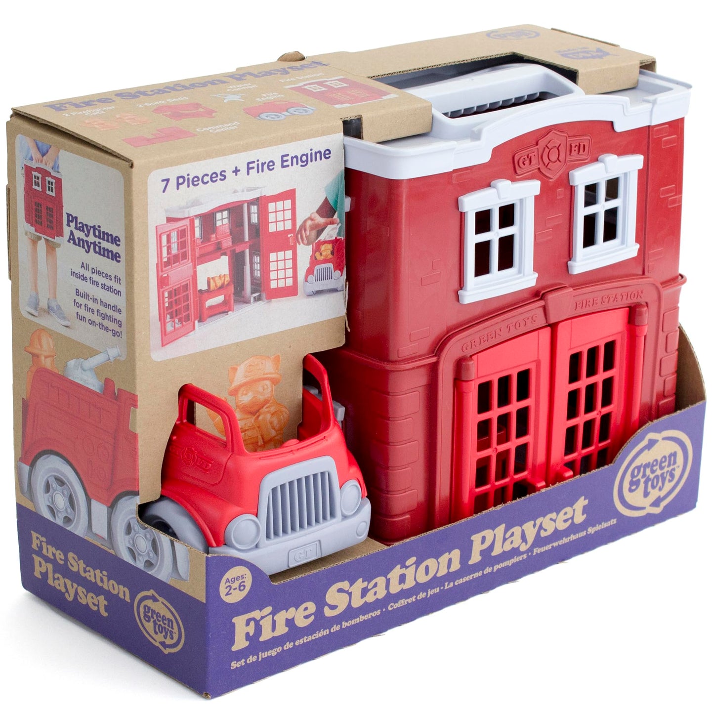 Green Toys Fire Station Playset - 8 Piece Pretend Play, Motor Skills, Language & Communication Kids Role Play Toy. No BPA, phthalates, PVC. Dishwasher Safe, Recycled Plastic, Made in USA.