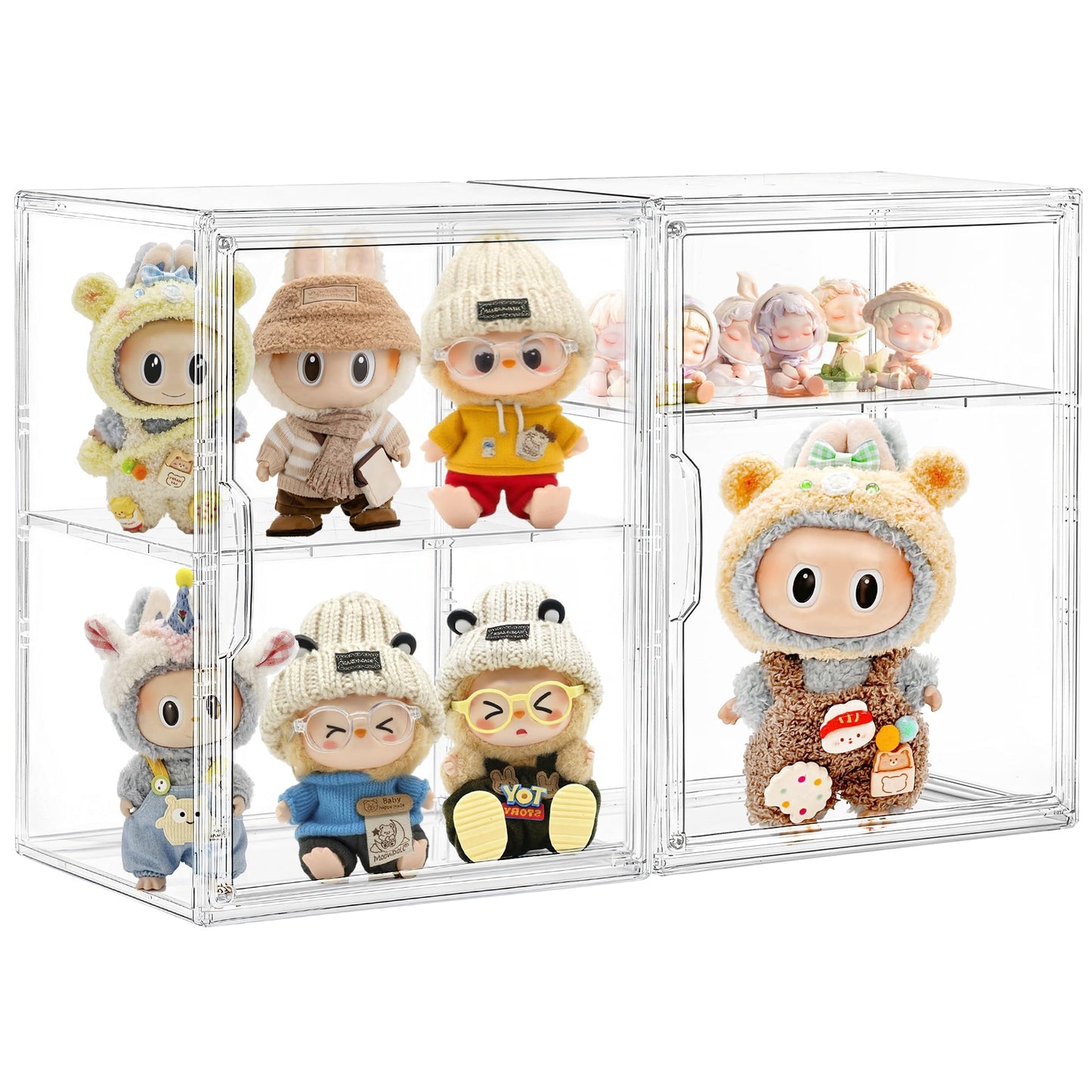 Acrylic Display Case for Collectibles, Clear Storage Bin with 3 Adjustable Layers and1 Removable Divider, Stackable Clear Storage Box with Magnetic Door for Figures, Home or Office,Large,2Pack