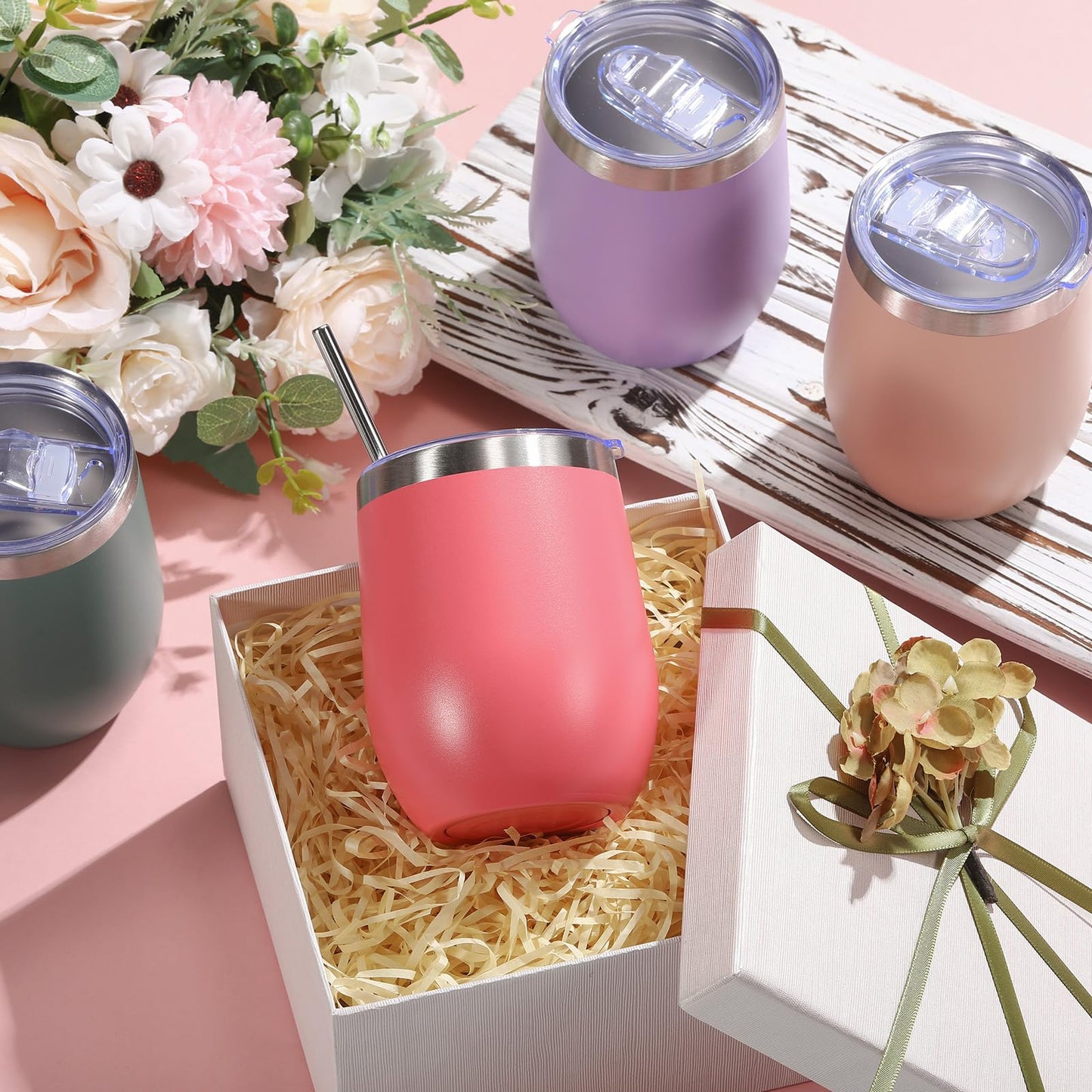 40 Pack Insulated Wine Tumbler 12oz Stainless Wine Coffee Cup with Lid Straw Double Wall Vacuum for Employee Wedding School Homeless Housekeeping Week Christmas Operation Gift(Morandi Color)