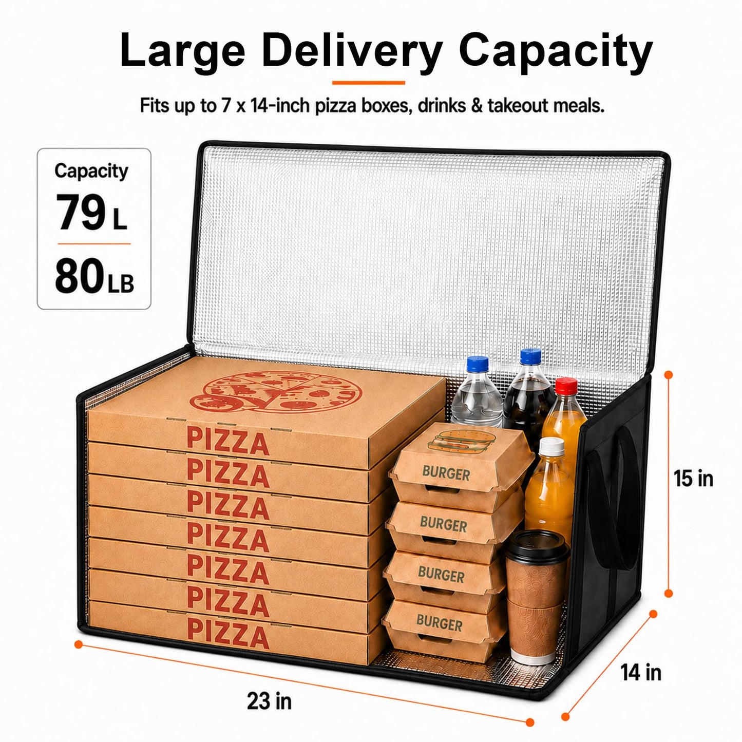 Cooler Insulated Food Delivery Bag & Drink Carrier with Hard Bottom, XXX-Large Pizza Bags for Commercial Food Delivery, Grocery Catering Travel Thermal Frozen Carrier, Cold Warmer Accessories