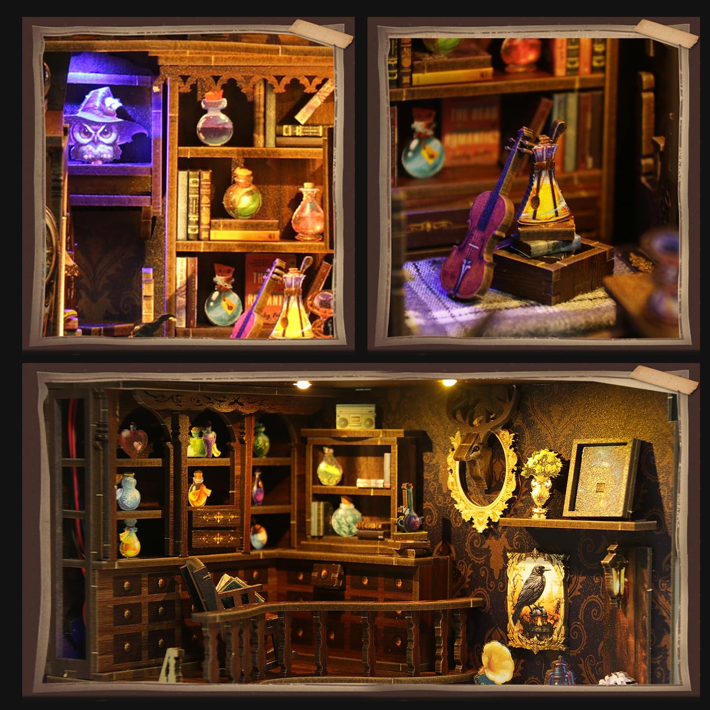 DIY Book Nook Kit for Adults, 3D Wooden Puzzle Bookshelf Insert Decor with LED Light & Stickers, Dust Cover,Miniature House Craft Gifts for Family,Friends and Book Lovers（Magic Potion House）