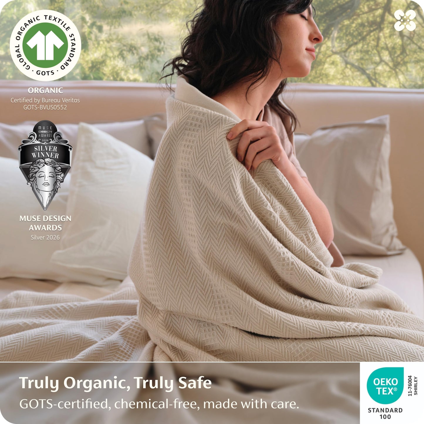 Bedsure 100% Certified Organic Cotton Blanket - Queen Size, Soft & Breathable Luxury Blankets for Bed, All Seasons Waffle & Herringbone PureWoven Textured Thermal Blanket for Adults, Kids, Beige