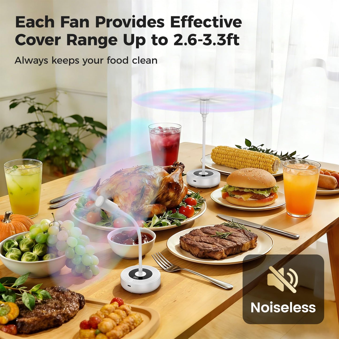 TriPole Fly Fans for Tables, 2000mAh Rechargeable Battery Operated Food Fan Lasts 20 Hrs with LED Display, Portable Fly Table Fan Indoor Outdoor for Picnic, Party, BBQ, Kitchen, Patio, 4 Pack White