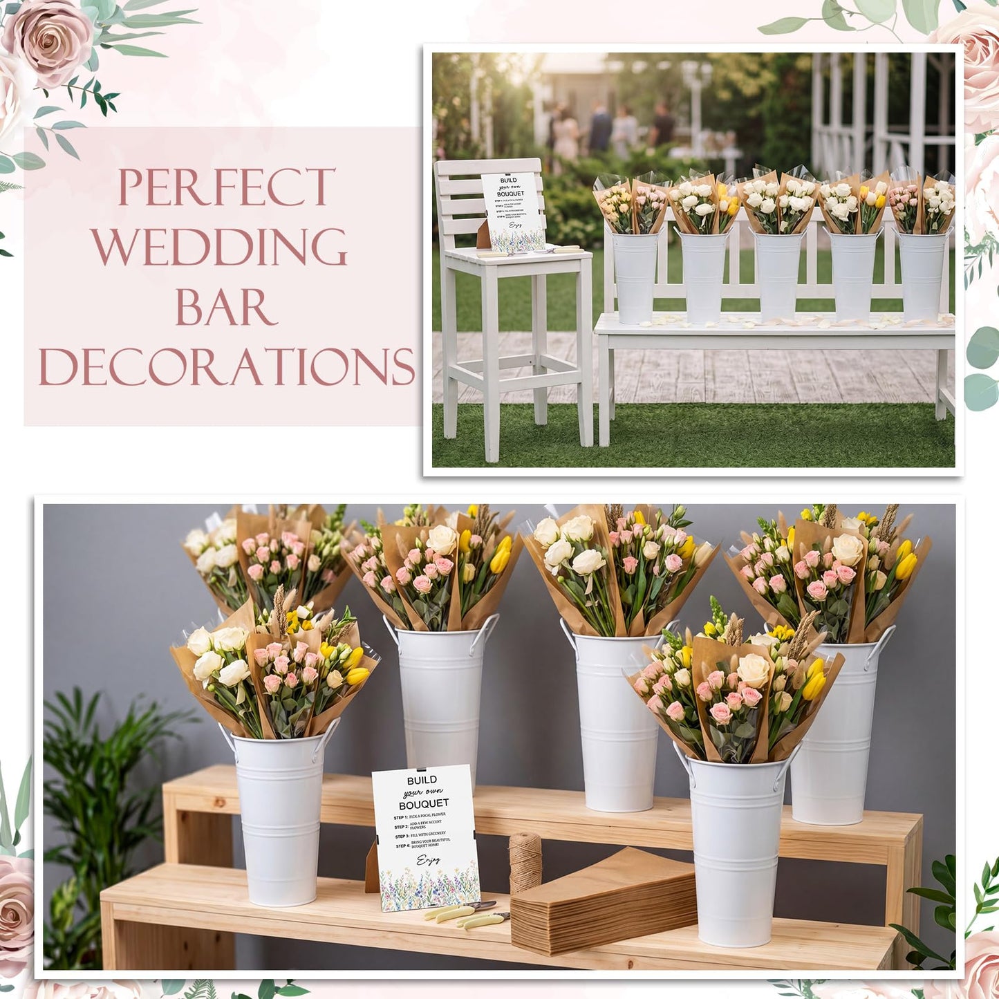Thenshop 60 Pieces Wedding Flower Bar Set Includes 6 Metal Vases, 50 Bouquet Wrapping Bags, 2 Scissors, Flower Bar Sign and Hemp Rope for Wedding Reception Table, DIY Bouquets, Party Gifts(White)